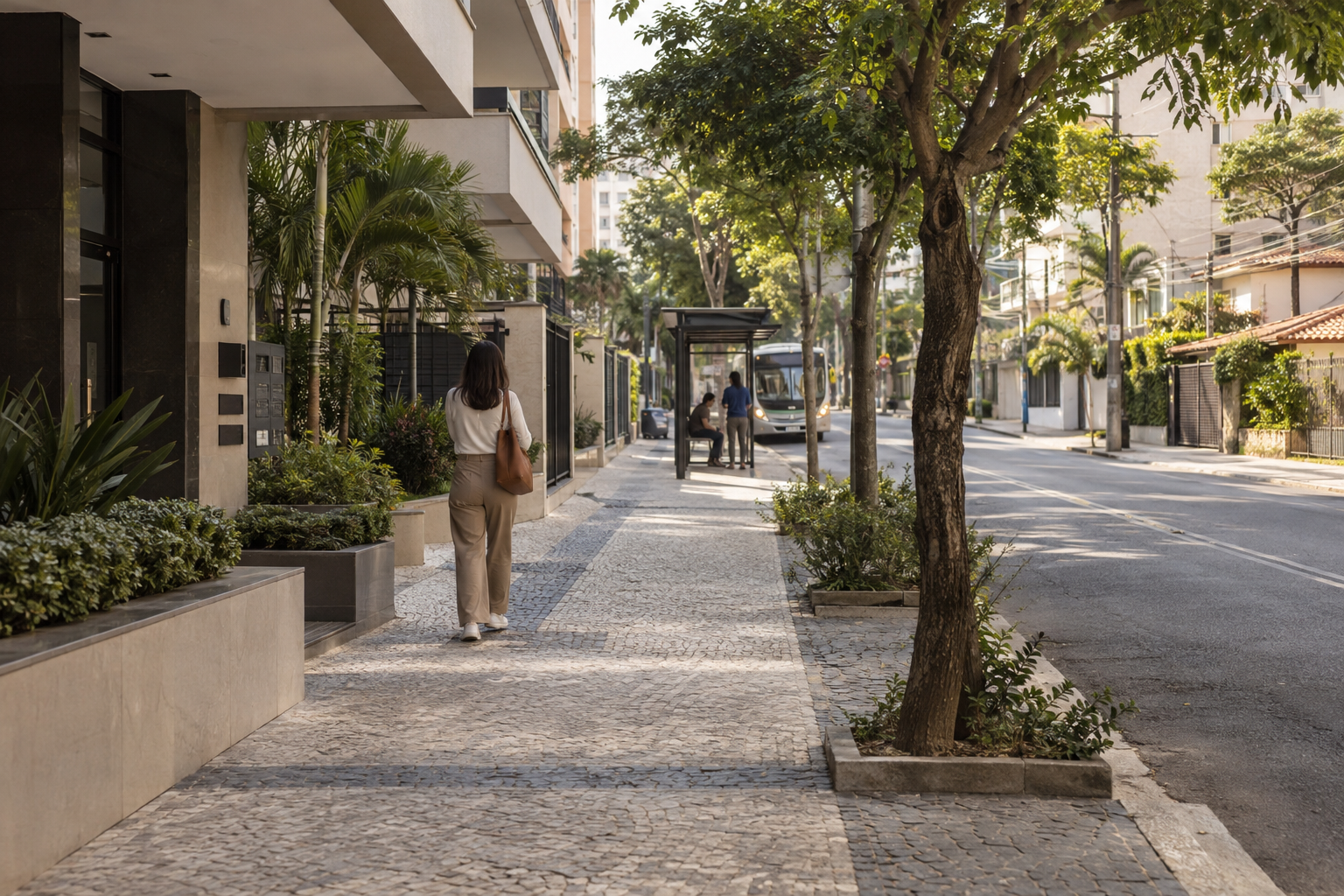 Pessoa caminha de um edifício residencial até um ponto de ônibus.