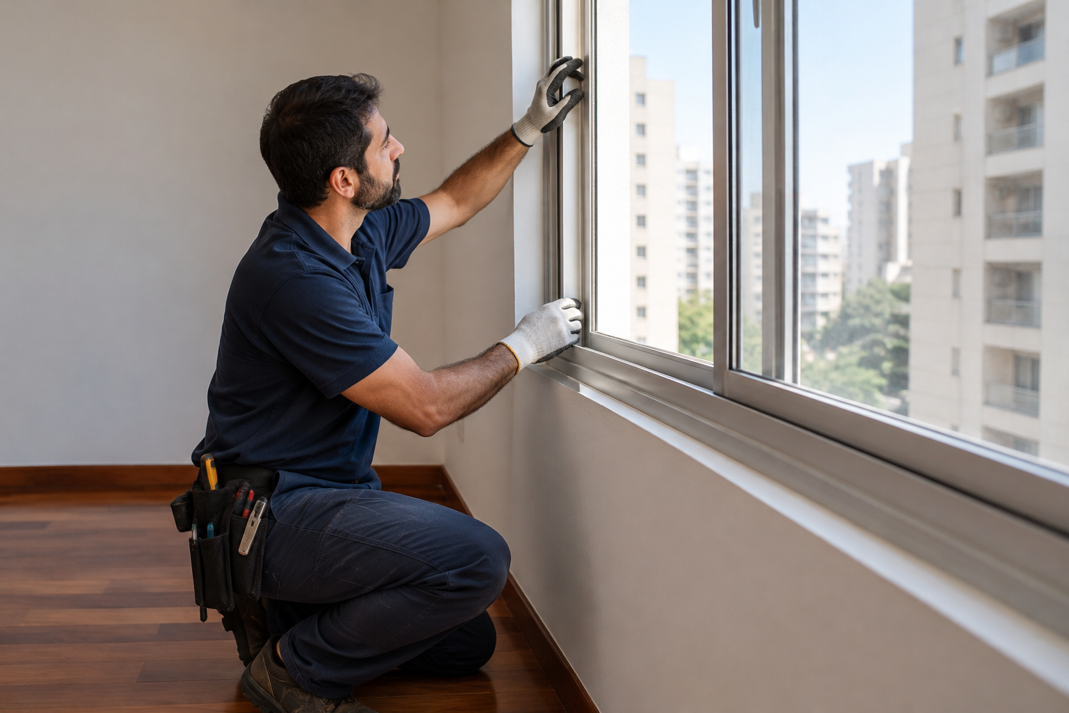 Profissional inspeciona a vedação de uma janela durante manutenção de apartamento vazio.