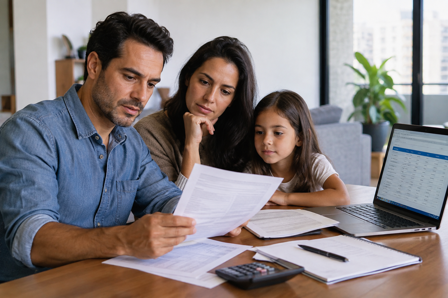 fotografia realista de uma família brasileira analisando documentos de financiamento em uma mesa simples, com calculadora e computador exibi