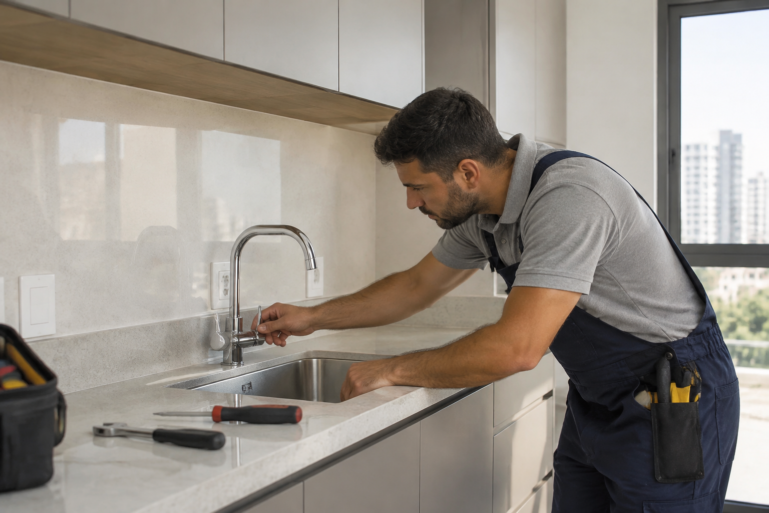Profissional inspeciona uma torneira durante a manutenção de apartamento desocupado.