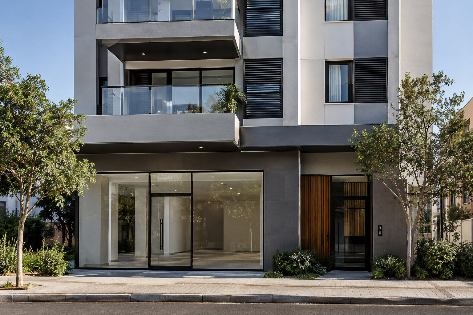 Edifício de uso misto com apartamentos e sala comercial no térreo.