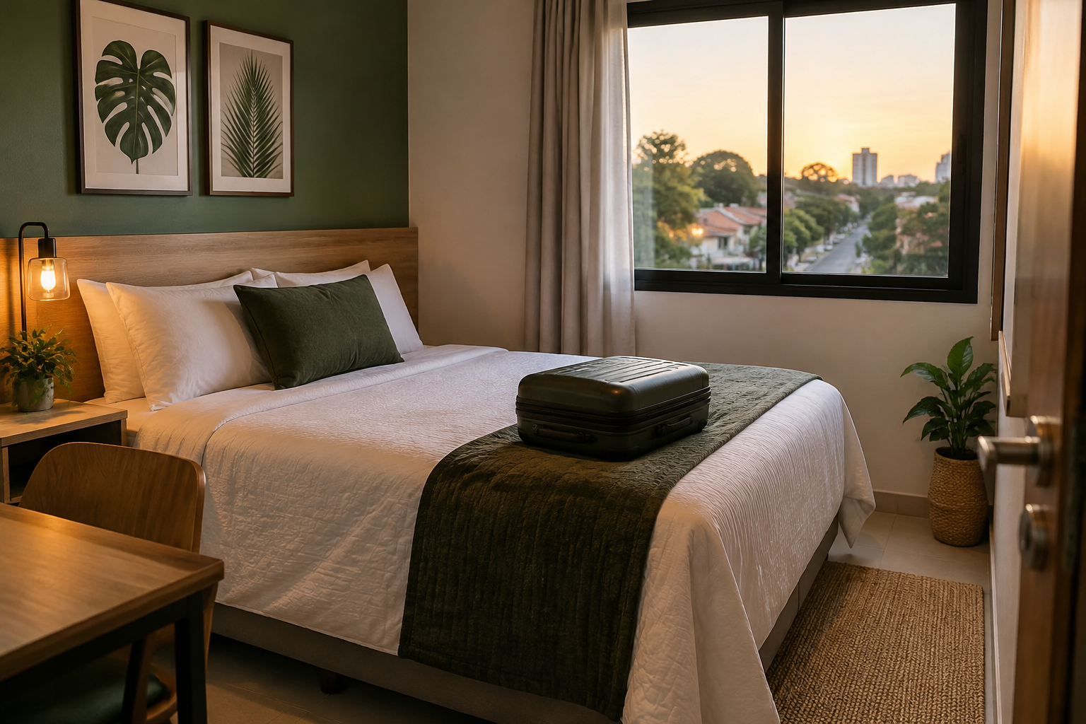 Fotografia editorial realista de quarto compacto de hospedagem brasileira, cama arrumada, pequena mala fechada e janela com vista para rua r
