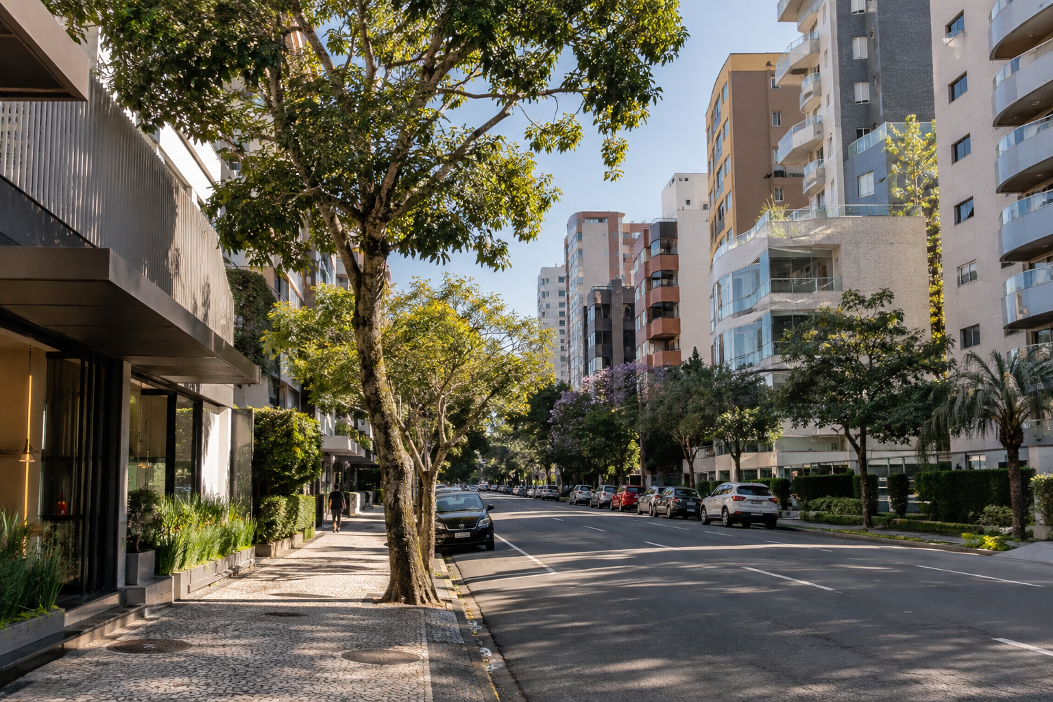 Rua arborizada com edifícios residenciais de diferentes portes e comércio de proximidade.