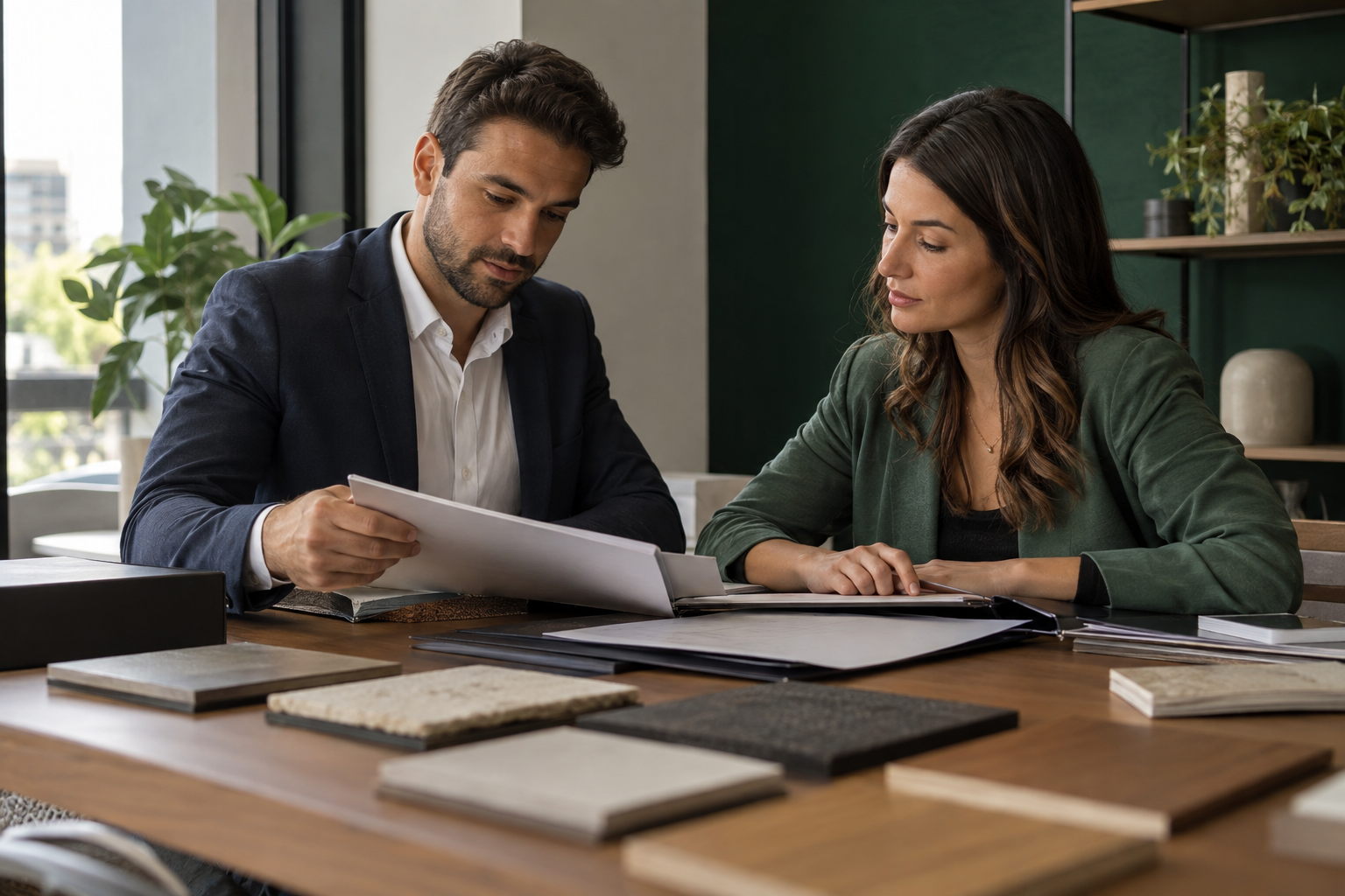 Lojista e consultor analisam documentos e condições de um ponto comercial em reunião.