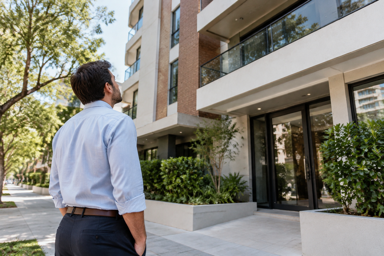 Profissional observa a fachada e o acesso de um edifício residencial antes de uma compra.