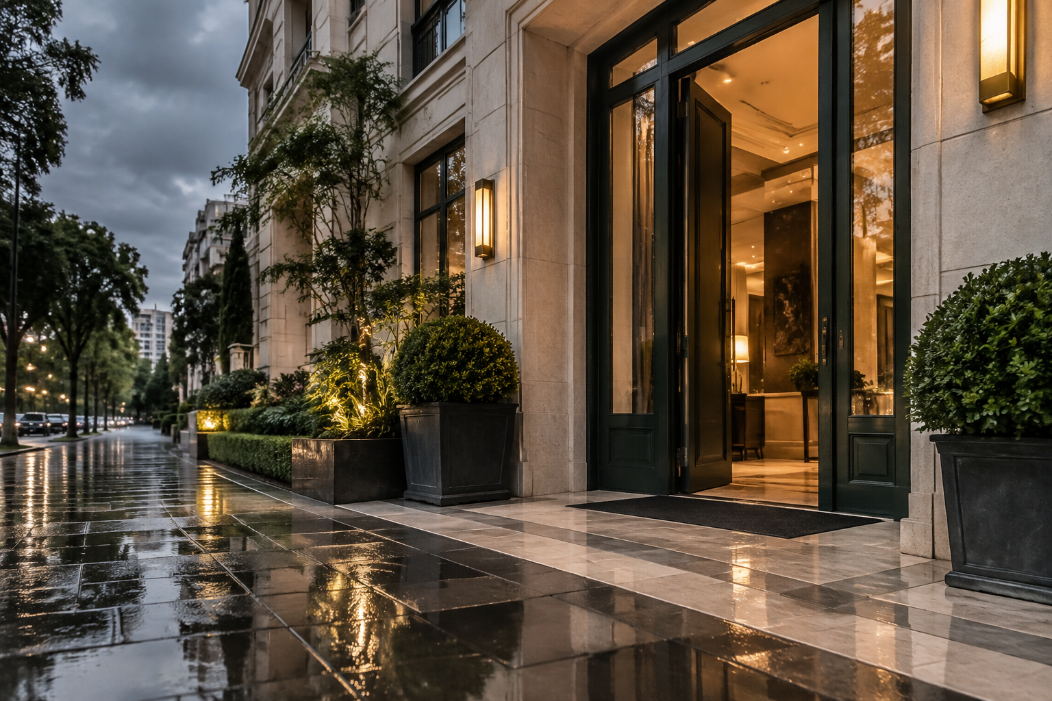 Entrada de edifício residencial com calçada molhada e reflexos após a chuva.