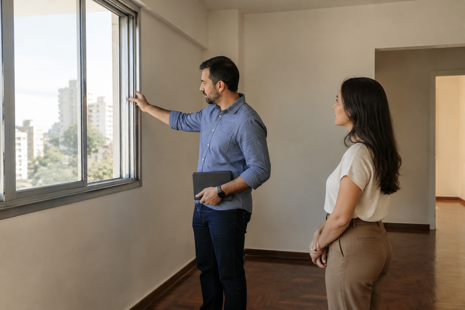 Comprador acompanha a inspeção da janela e da parede de um apartamento usado.