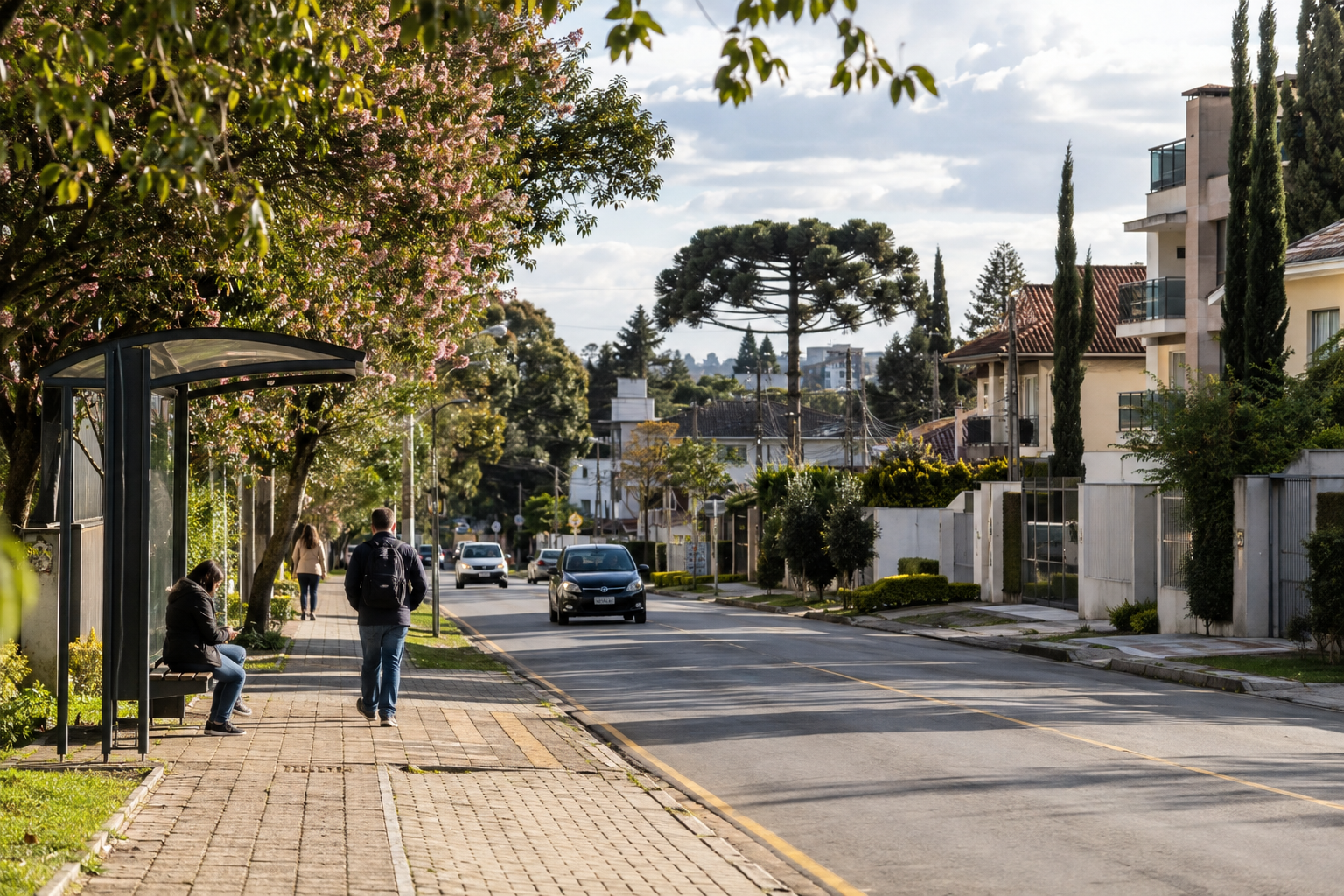Fotografia documental realista de uma rua residencial na região metropolitana de Curitiba, com casas e pequenos edifícios, calçadas, arboriz