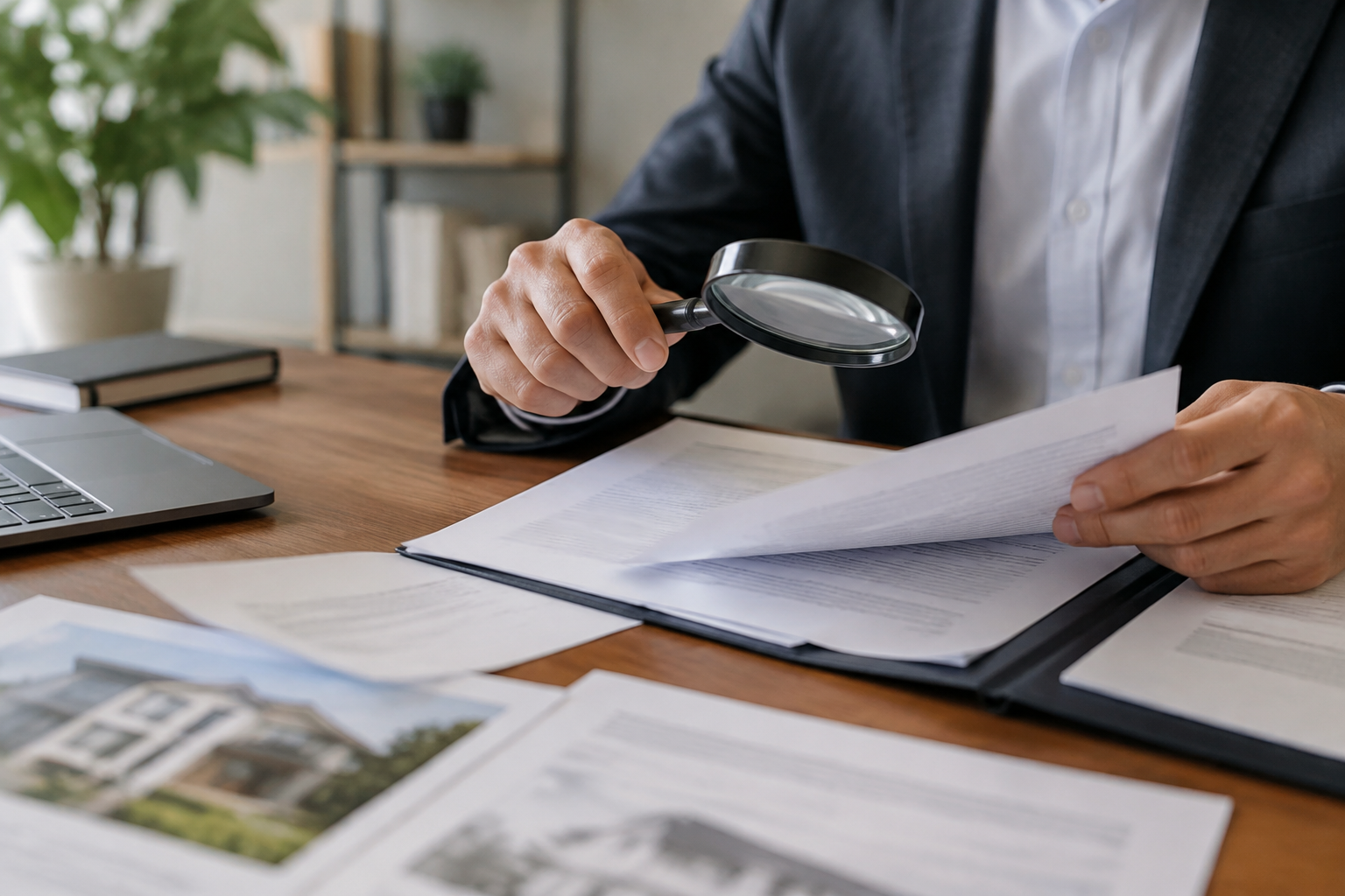 Mãos conferindo documentos de uma aquisição imobiliária em uma mesa de escritório.