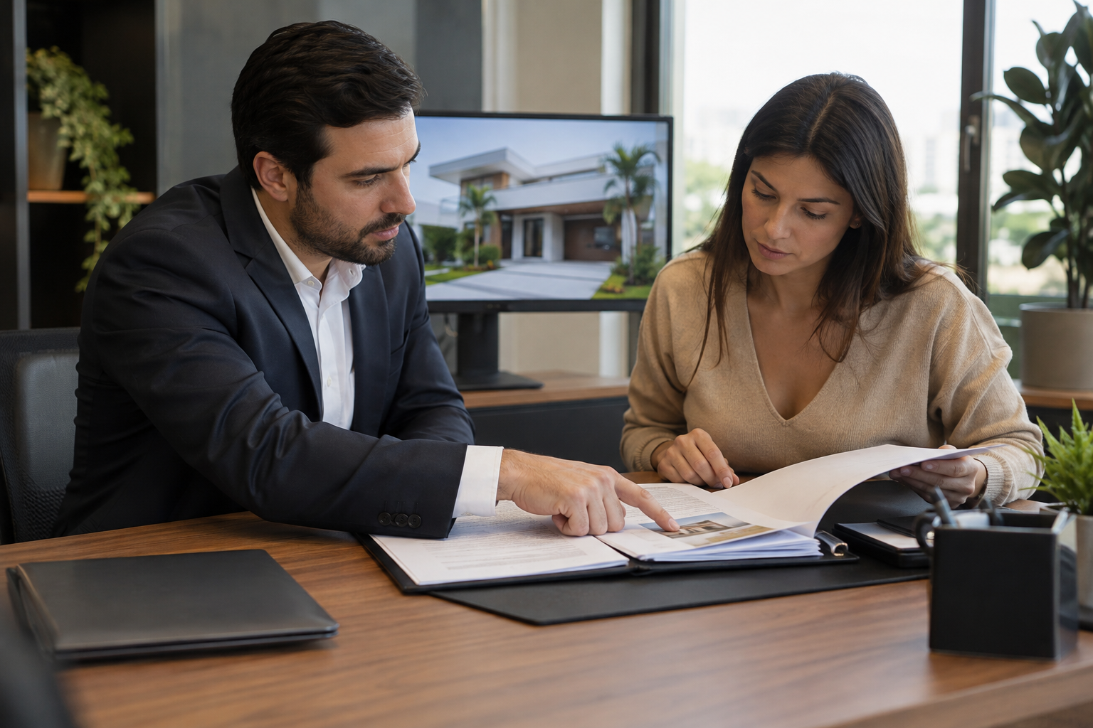 Fotografia editorial realista em escritório imobiliário brasileiro, profissional e cliente examinando uma pasta de documentos sobre mesa, mo