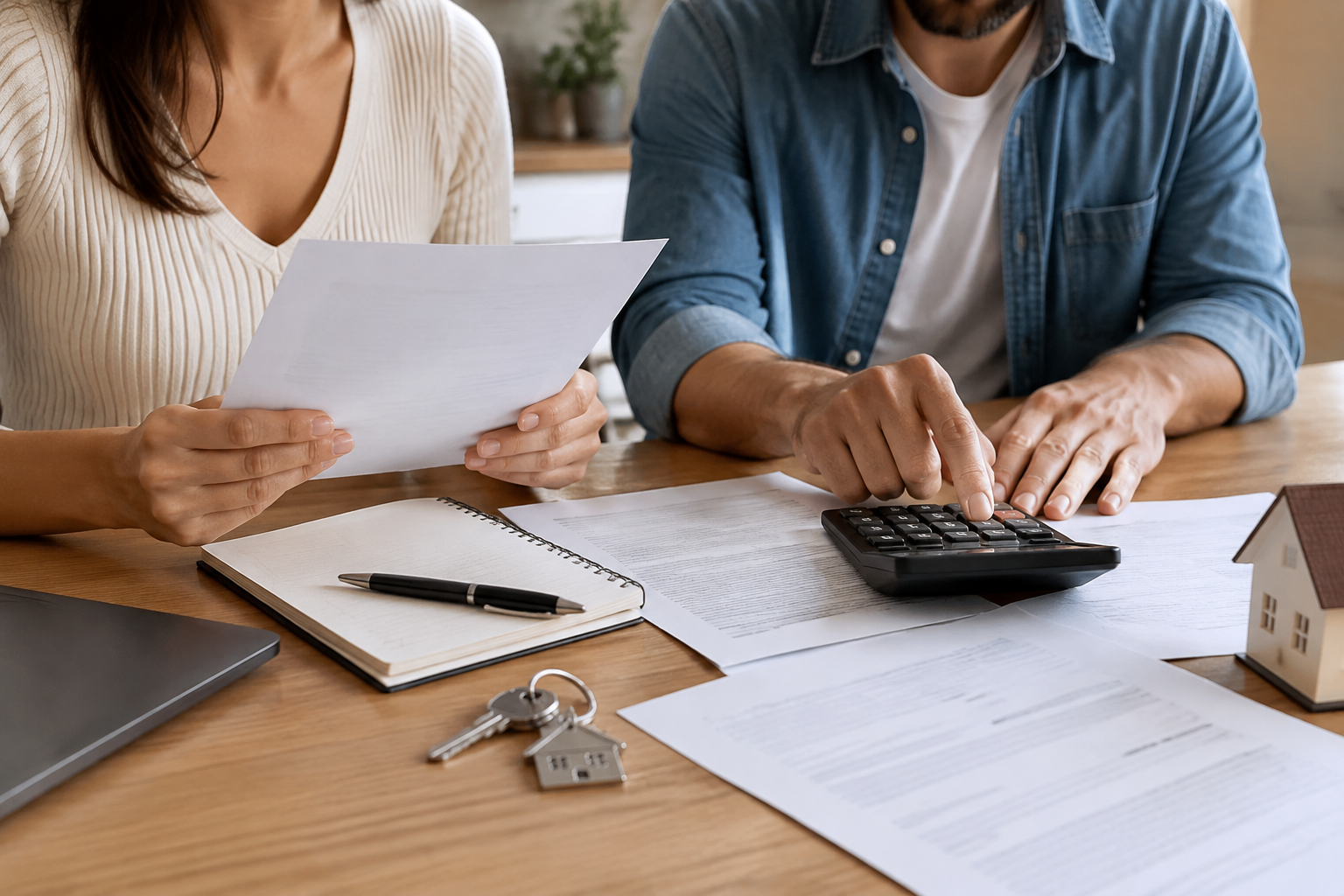 Fotografia editorial realista de duas pessoas adultas avaliando o orçamento de uma compra imobiliária em uma mesa doméstica, calculadora sim