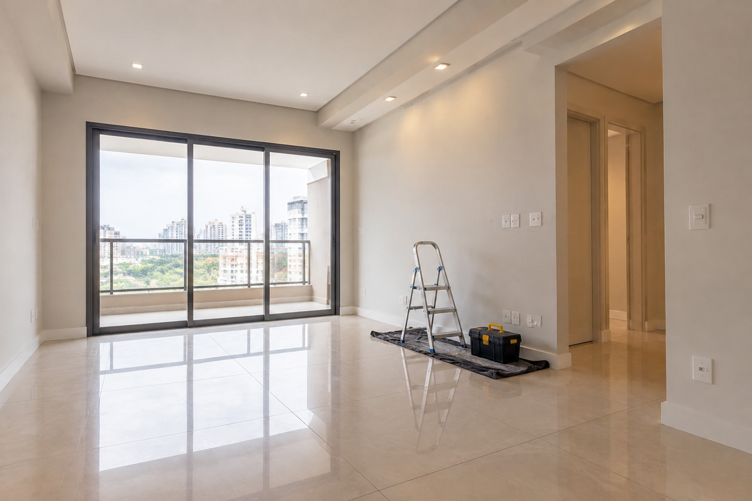 Apartamento vazio entre locações com caixa de ferramentas para manutenção.