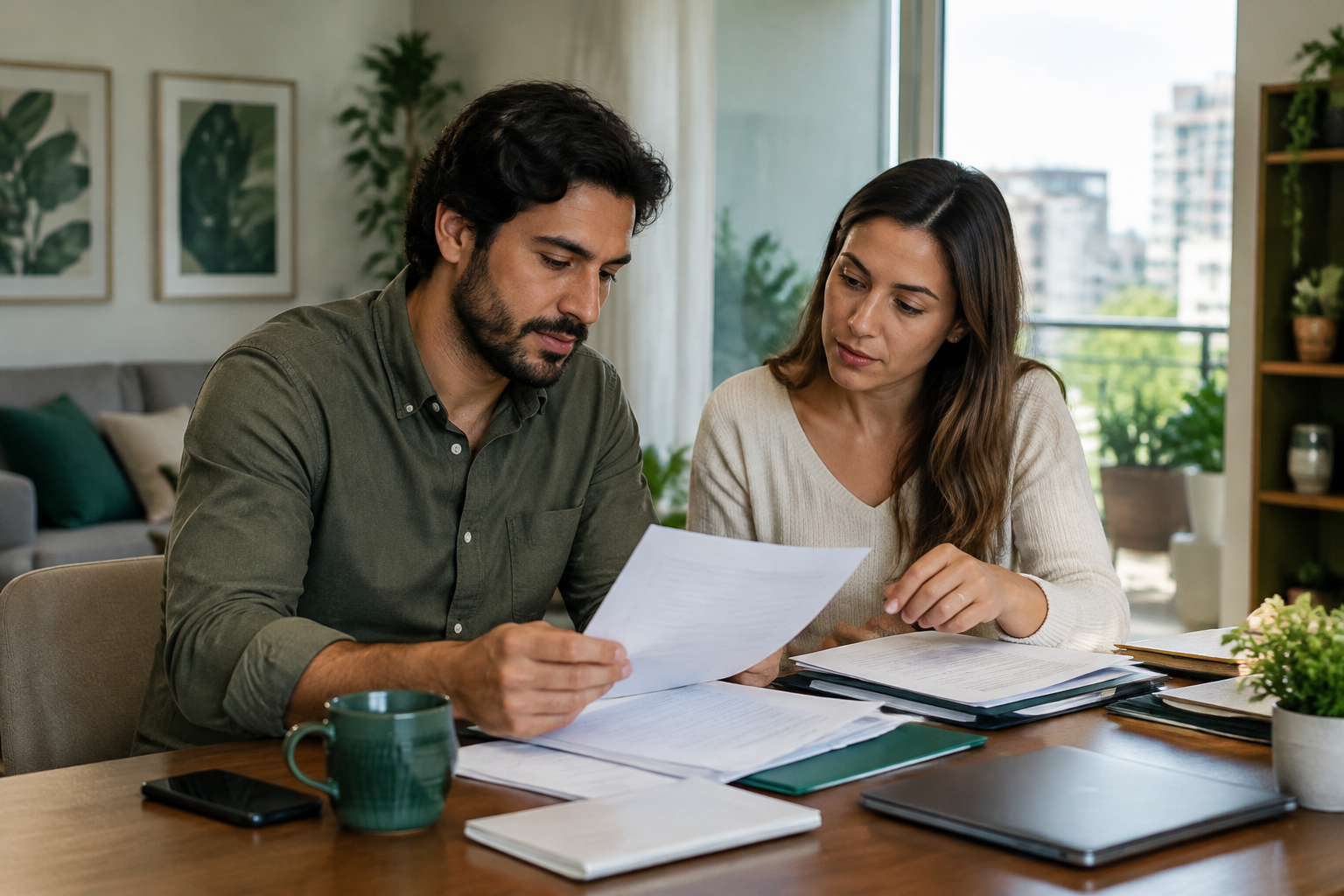 Fotografia editorial realista de um casal adulto organizando documentos em pastas simples na mesa da sala de um apartamento brasileiro, conv