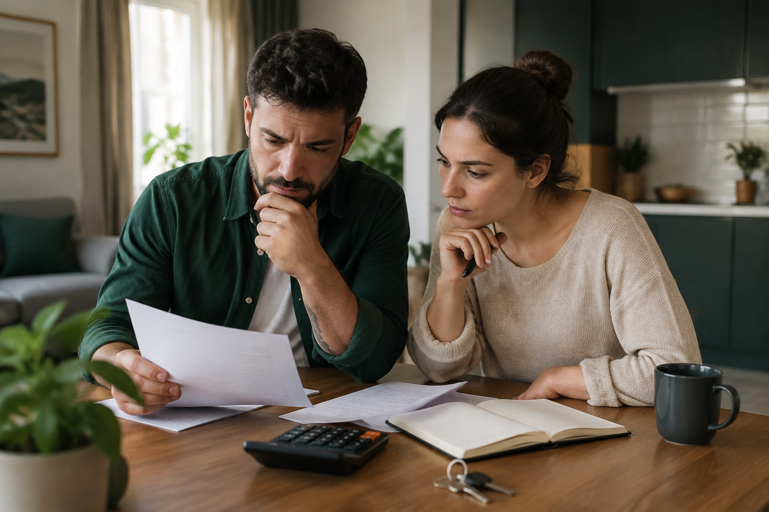 Duas pessoas comparando despesas de moradia em uma mesa com calculadora e caderno.