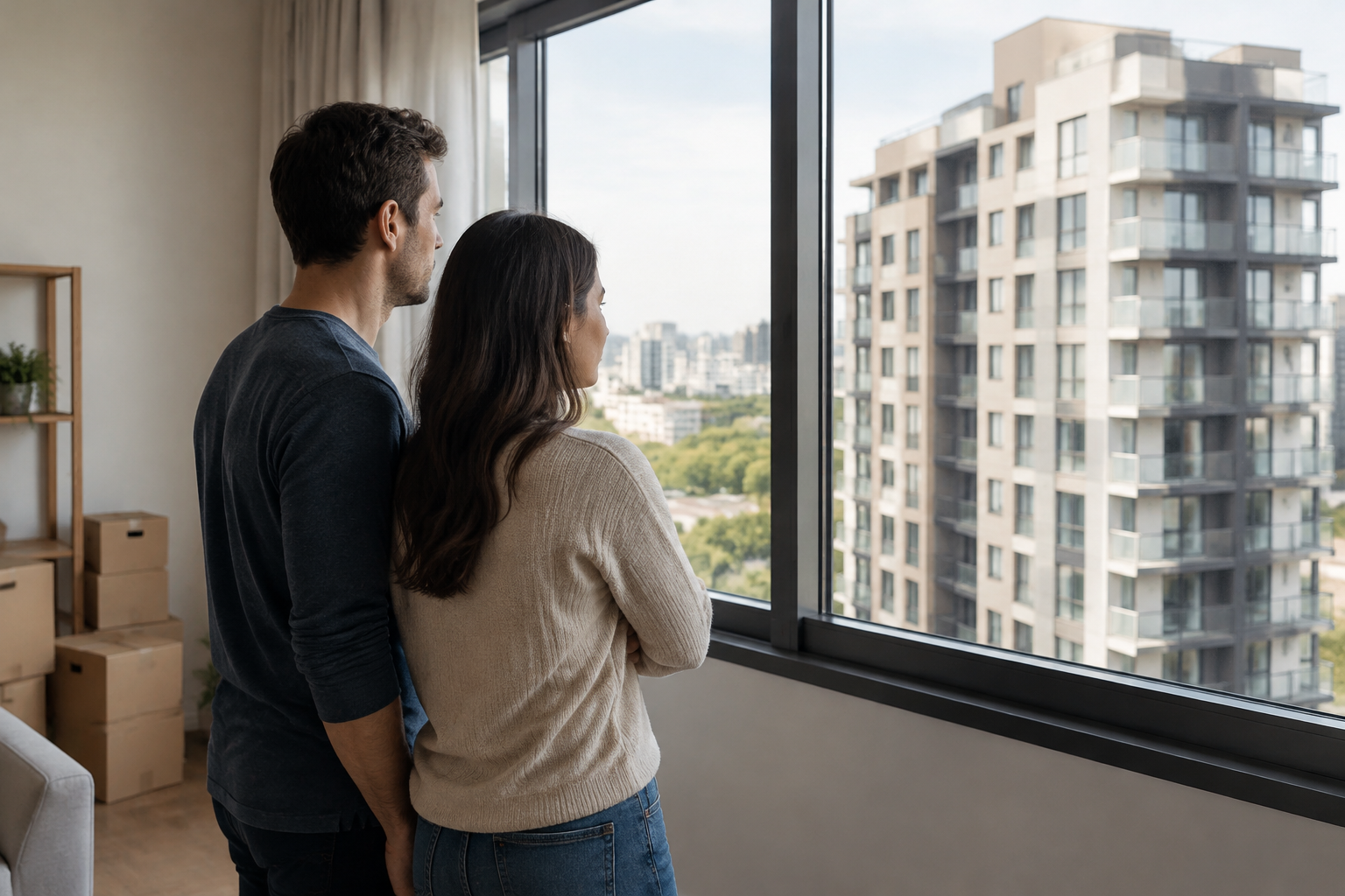 Casal ao lado de caixas fechadas em apartamento, representando uma mudança adiada.