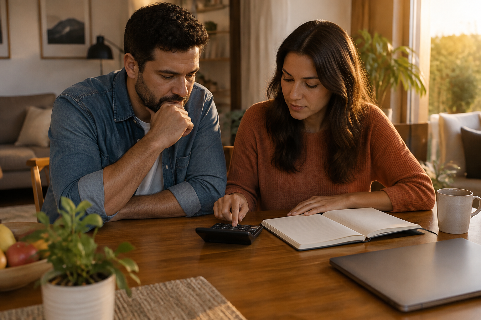 Casal avalia o orçamento doméstico antes de decidir sobre a compra do imóvel.