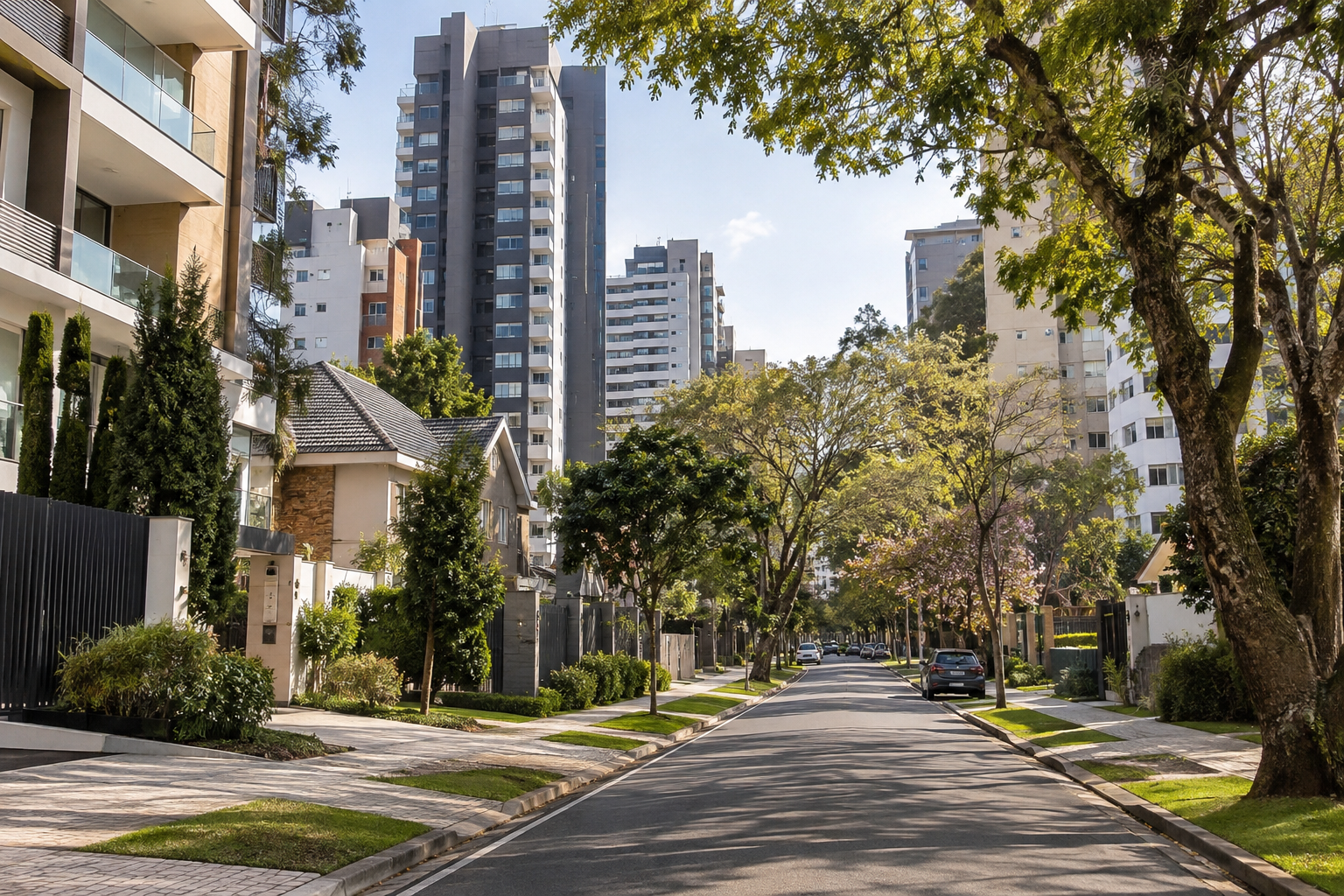 Edifícios residenciais de diferentes padrões em uma rua arborizada de Curitiba.