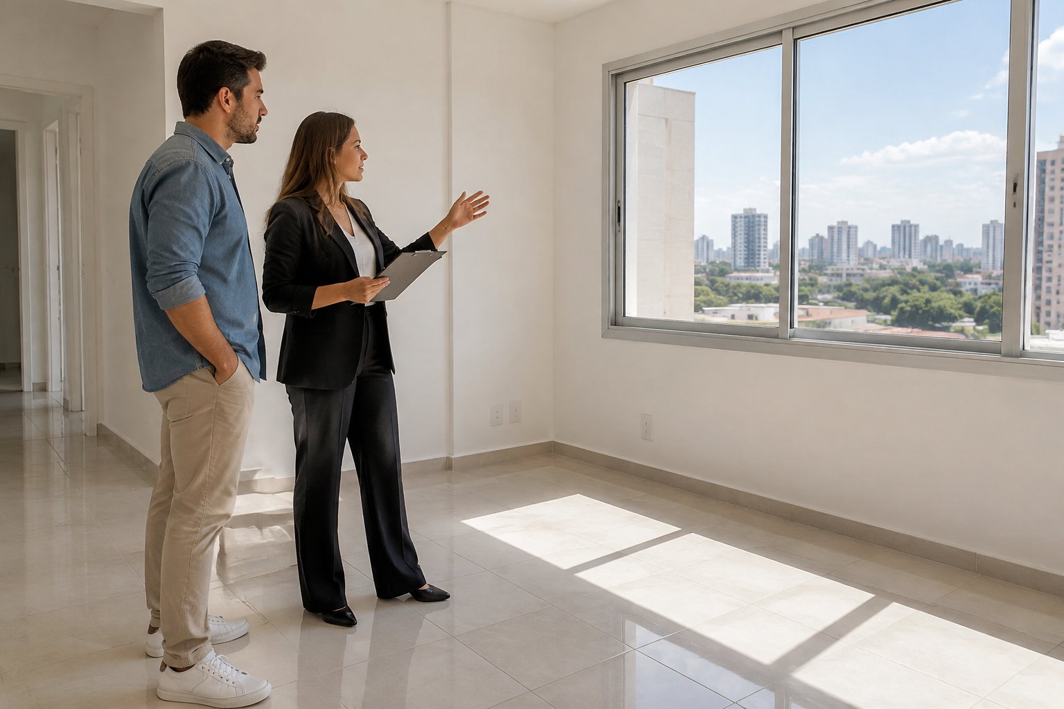 Comprador e consultora avaliam um apartamento vazio antes do compromisso de compra.