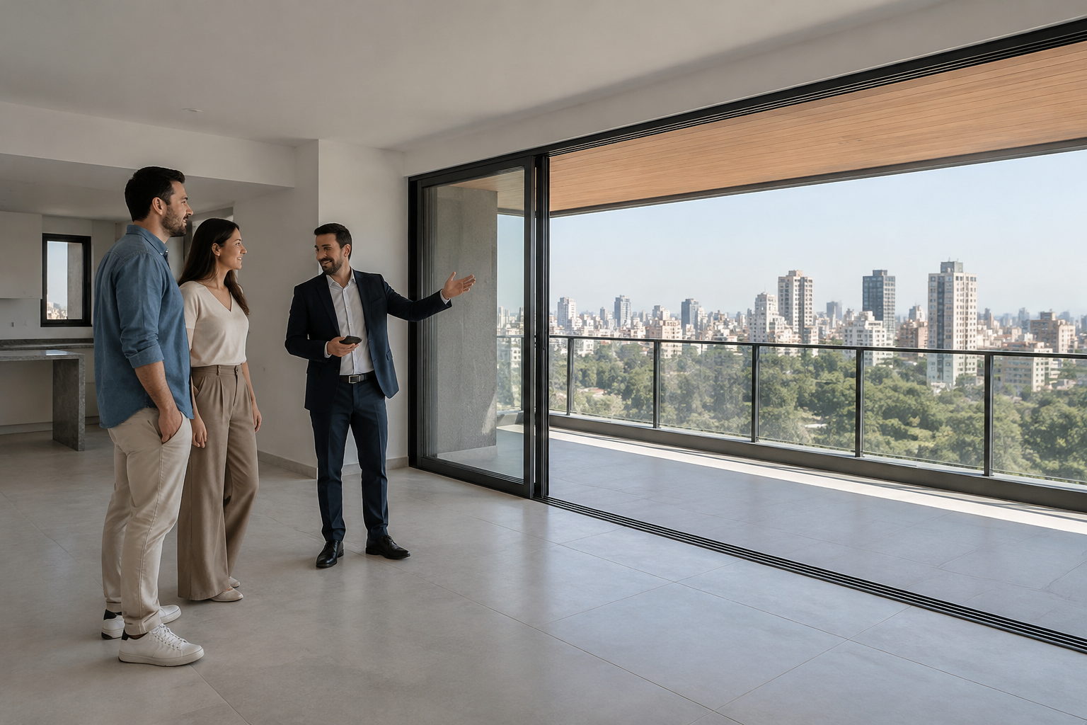 Fotografia editorial de arquitetura realista, casal acompanhado por profissional em visita presencial a apartamento vazio brasileiro, observ