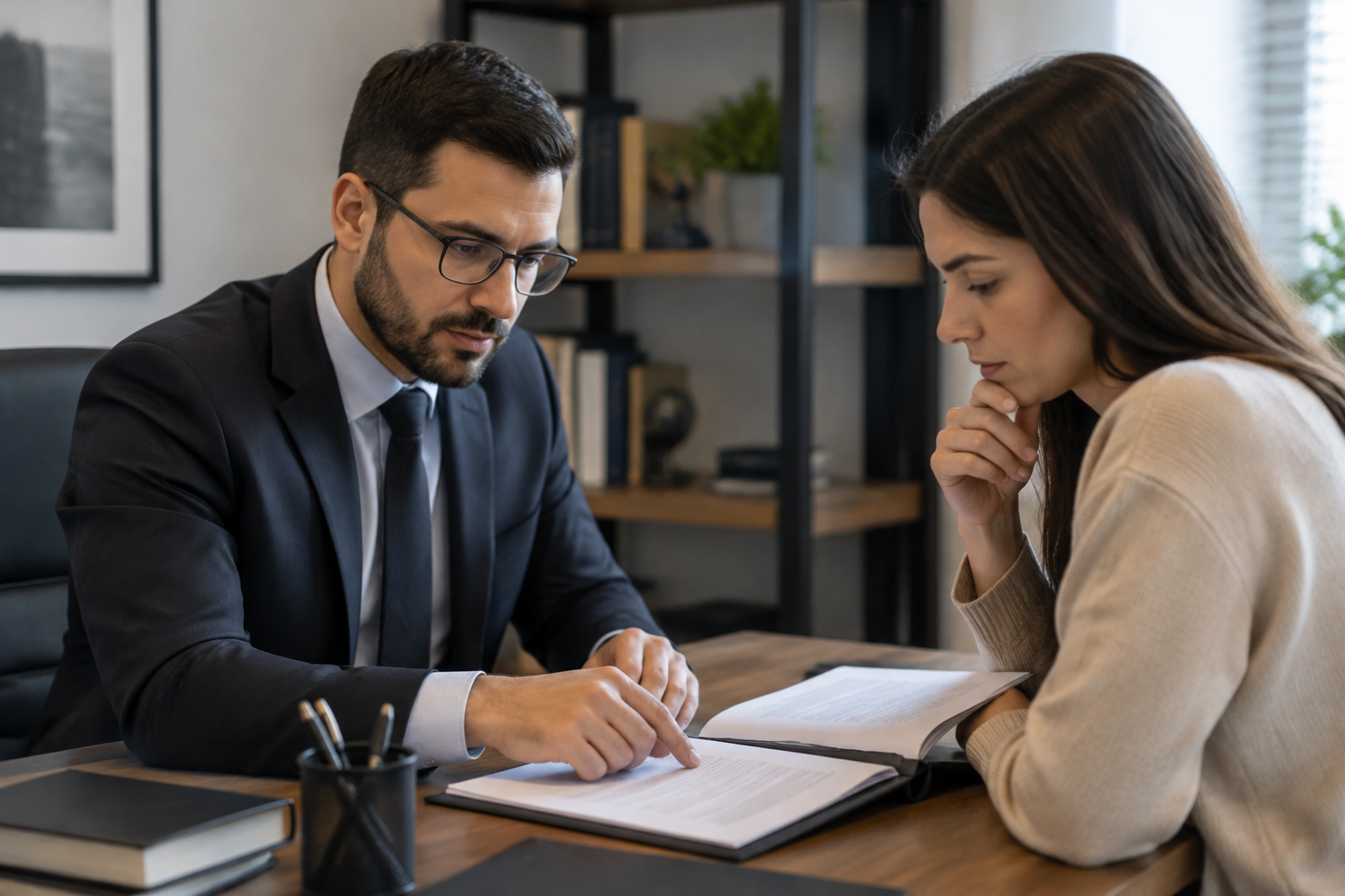 Cliente e profissional analisam documentos durante atendimento jurídico.