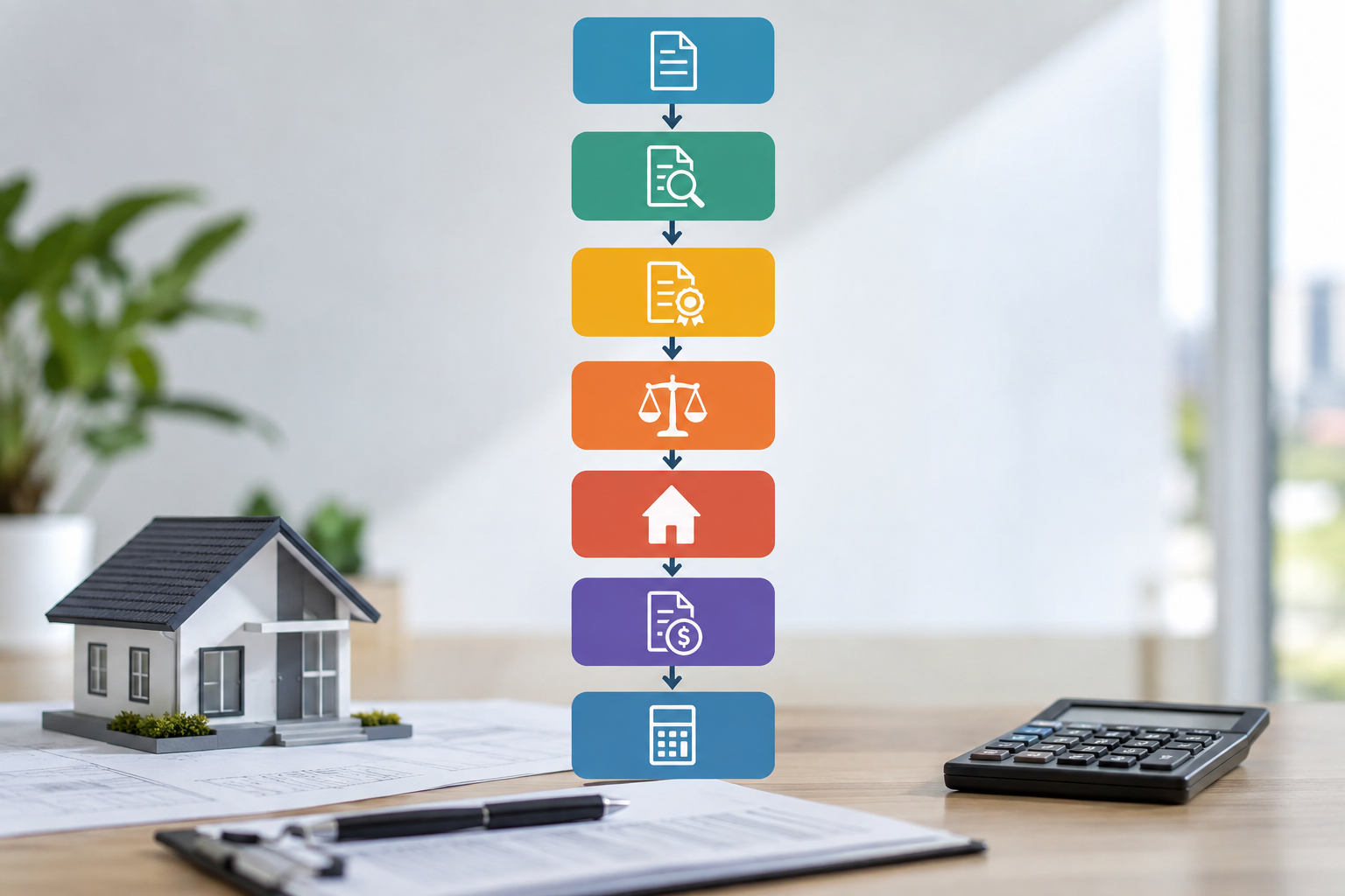 infográfico vertical com sete etapas conectadas por setas: modalidade, edital, matrícula, processos, ocupação, débitos e orçamento. Represen