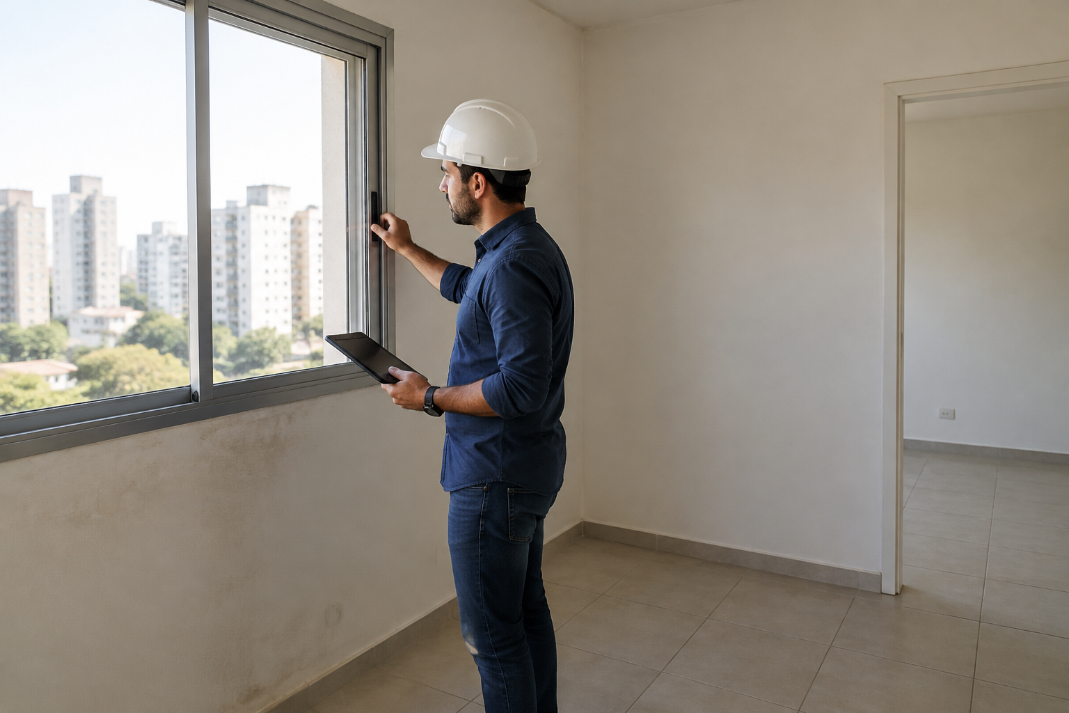 Profissional verifica a janela e o estado de conservação de um apartamento vazio.