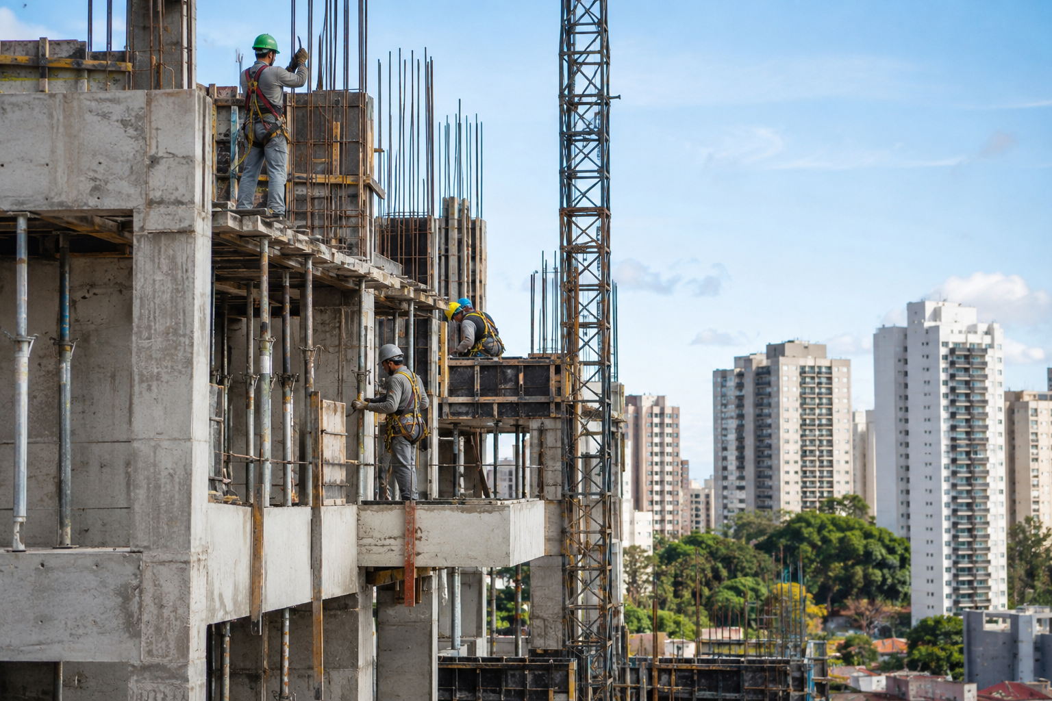 Empreendimento em construção ao lado de edifícios concluídos.