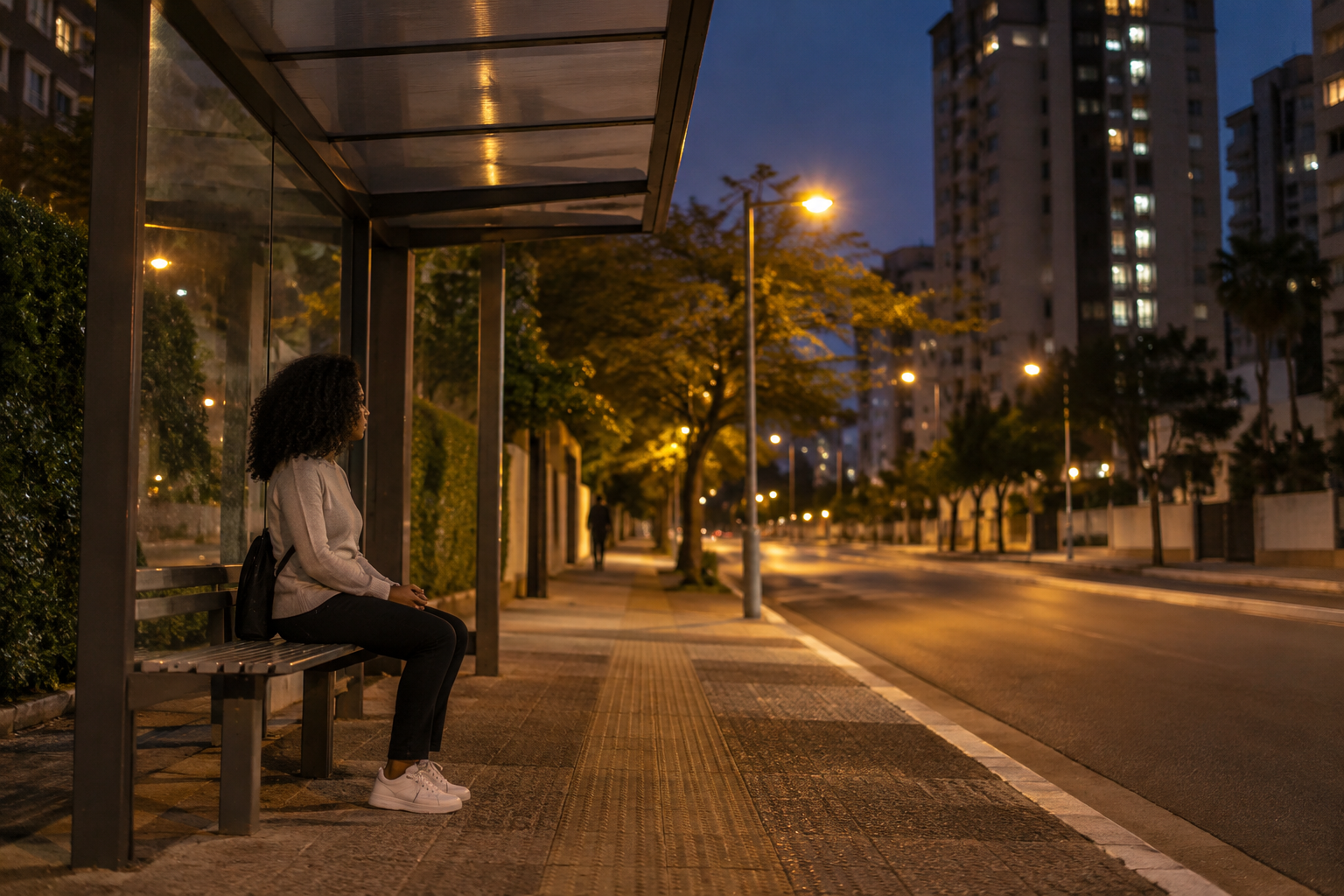 Pessoa aguardando em ponto de ônibus ao anoitecer em um bairro residencial.