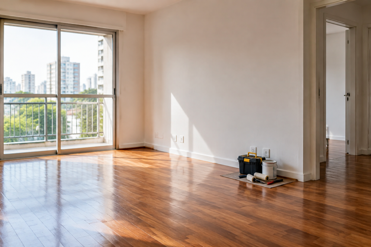 Apartamento vazio com materiais de manutenção próximos ao rodapé.