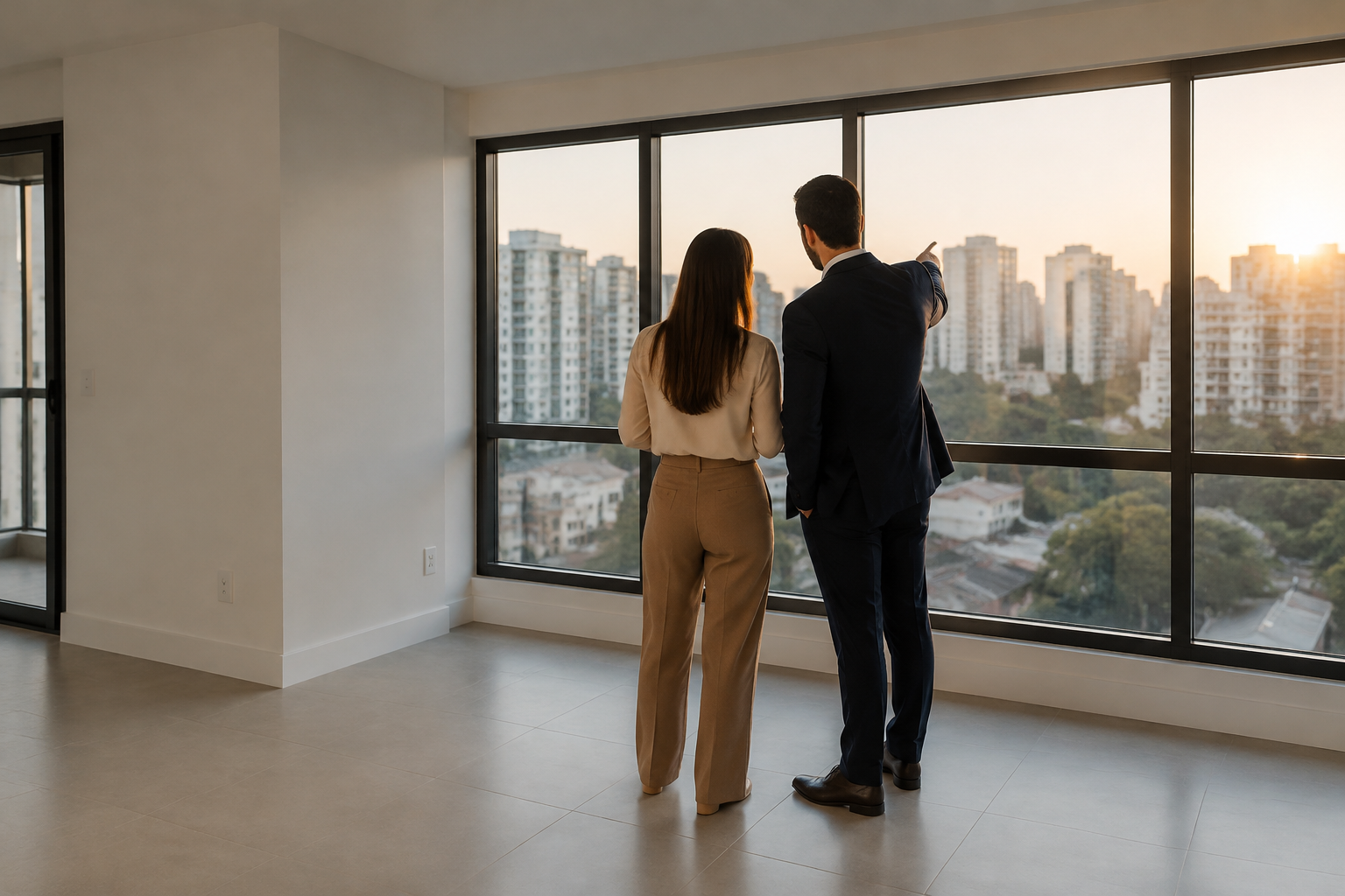Comprador e profissional examinando um apartamento vazio para avaliar uma possível revenda.