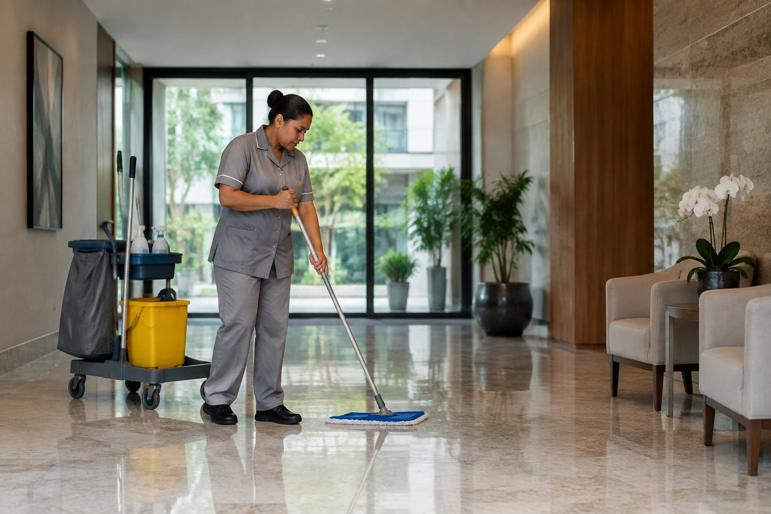 Profissional de limpeza trabalhando no hall de um edifício residencial.