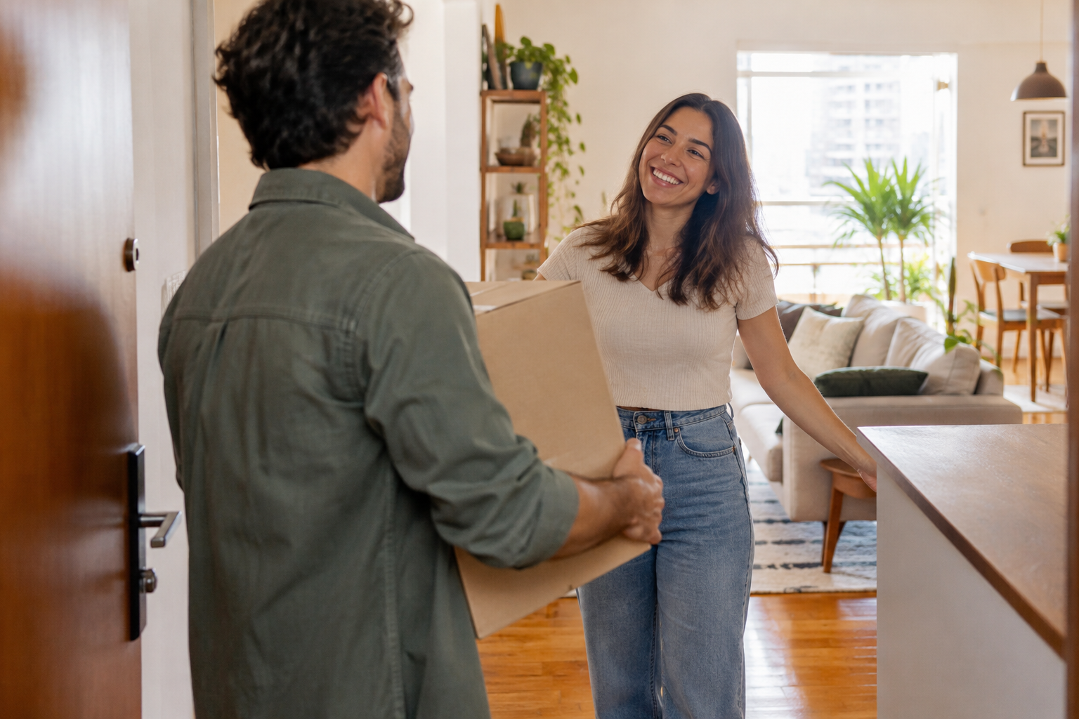 Fotografia editorial realista de uma pessoa adulta chegando com uma caixa de mudança a um apartamento já mobiliado, outra pessoa recebendo-a