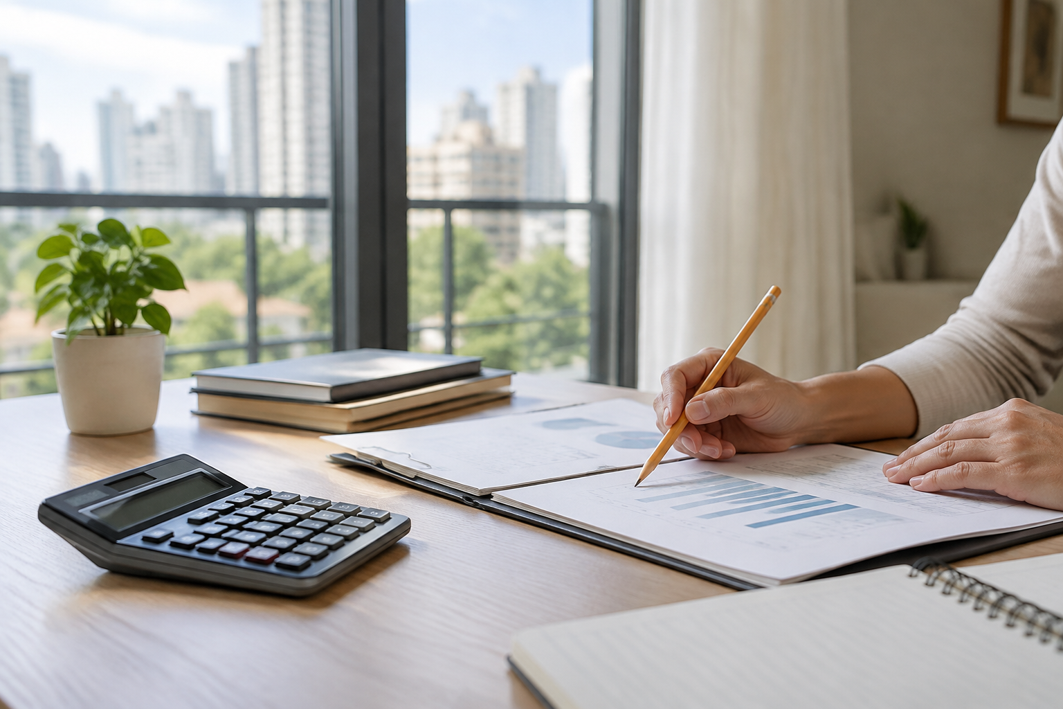 Mesa com calculadora e documentos para análise de despesas de um apartamento.