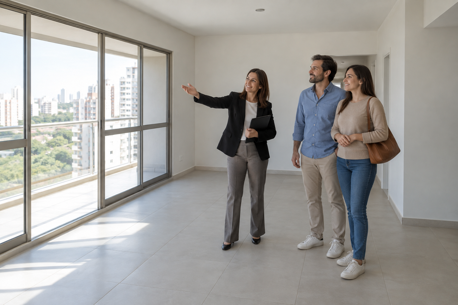 Casal e consultora avaliam a sala de um apartamento durante visita de compra.