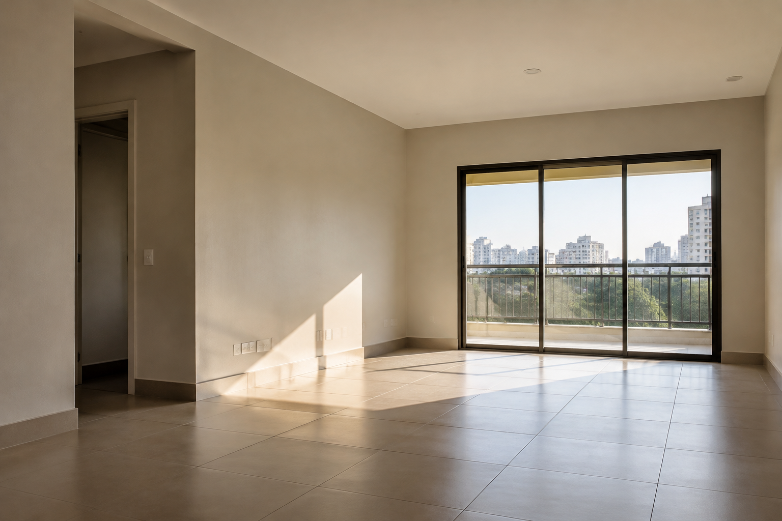 Sala de apartamento vazio entre locações, com marcas discretas de uso na parede.