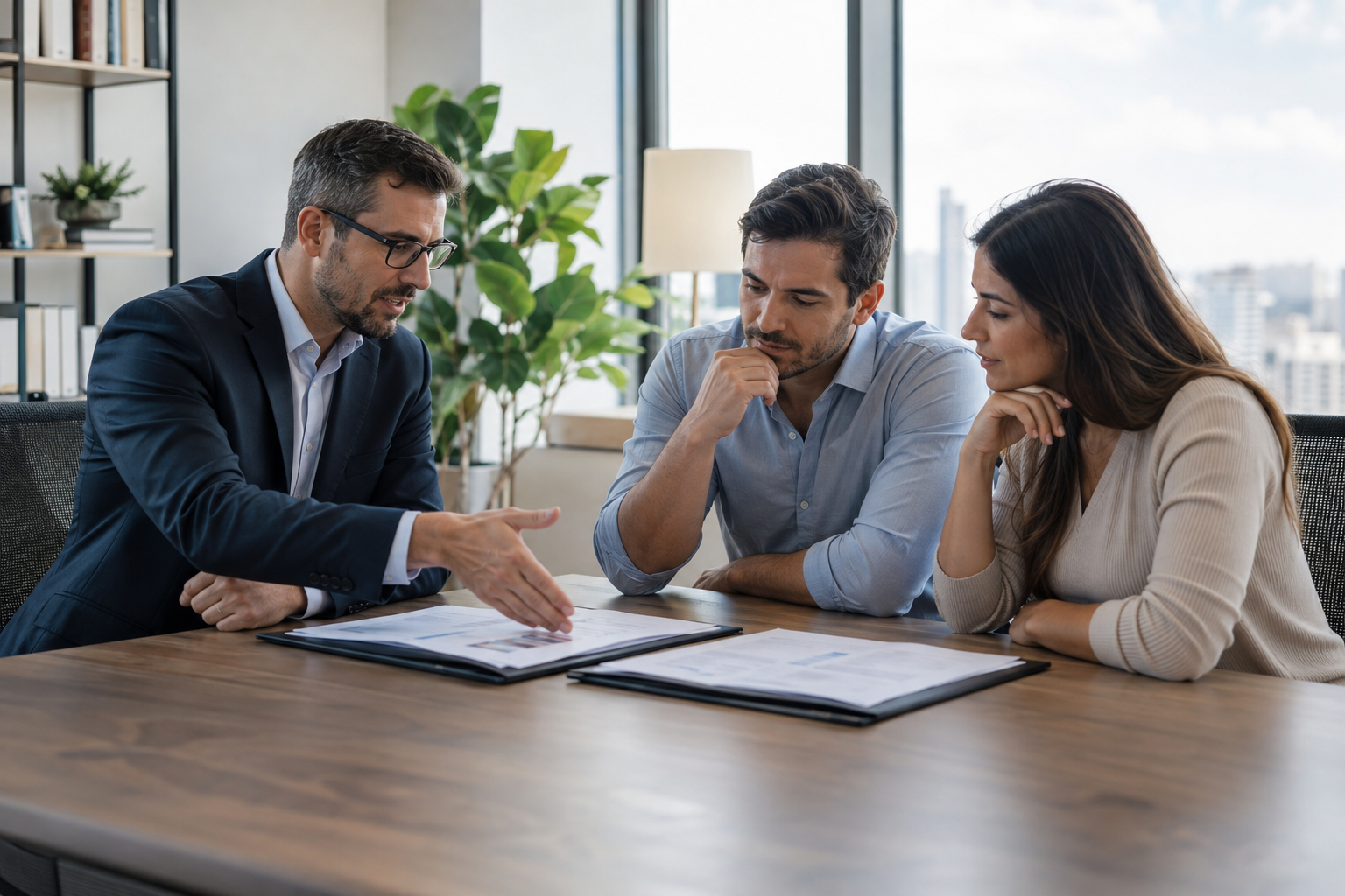 Casal compara documentos de propostas de crédito com um consultor financeiro.