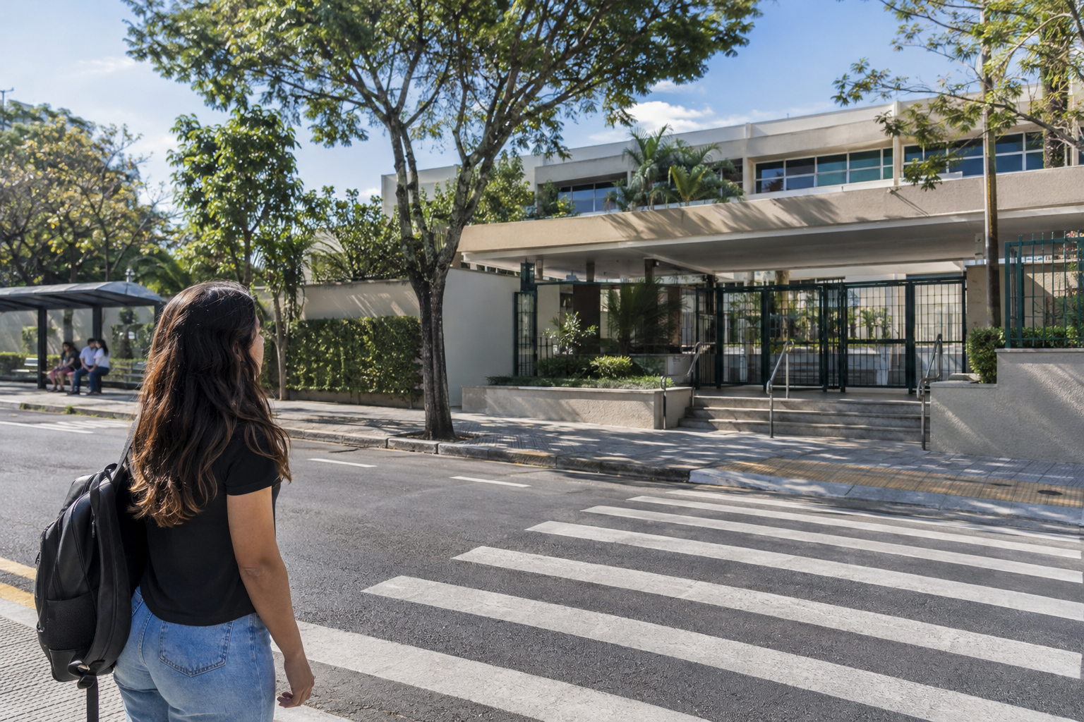 Fotografia documental realista de uma jovem adulta verificando presencialmente a entrada de uma instituição de ensino brasileira, vista ampl