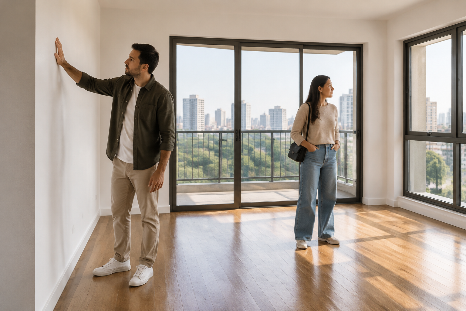 Casal avalia as condições de um apartamento vazio destinado à locação.