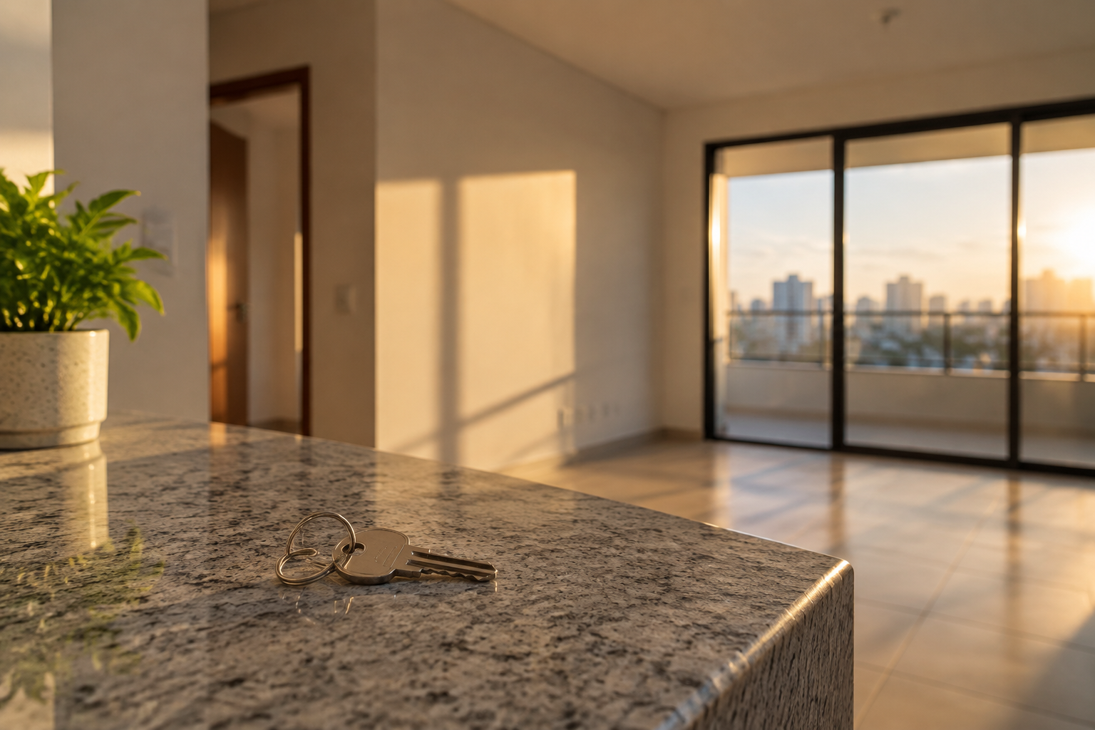 Apartamento vazio com chave sobre a bancada, representando um imóvel ainda sem uso.