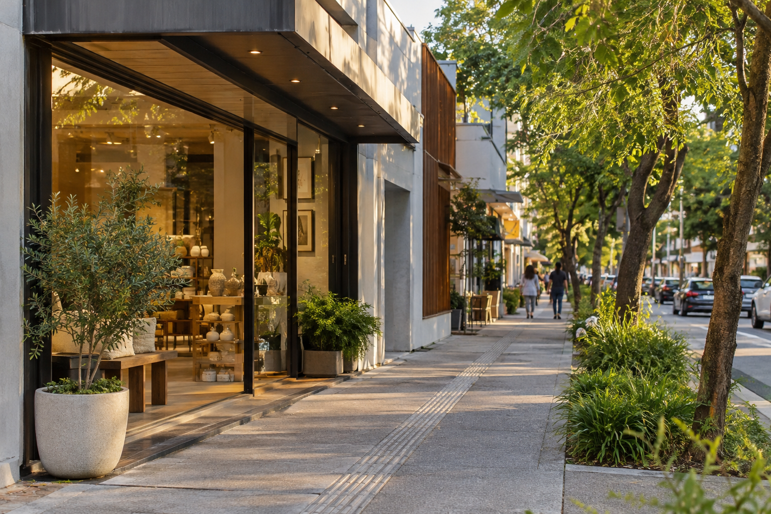 Loja de rua com vitrine, calçada acessível e circulação de pedestres em bairro comercial.