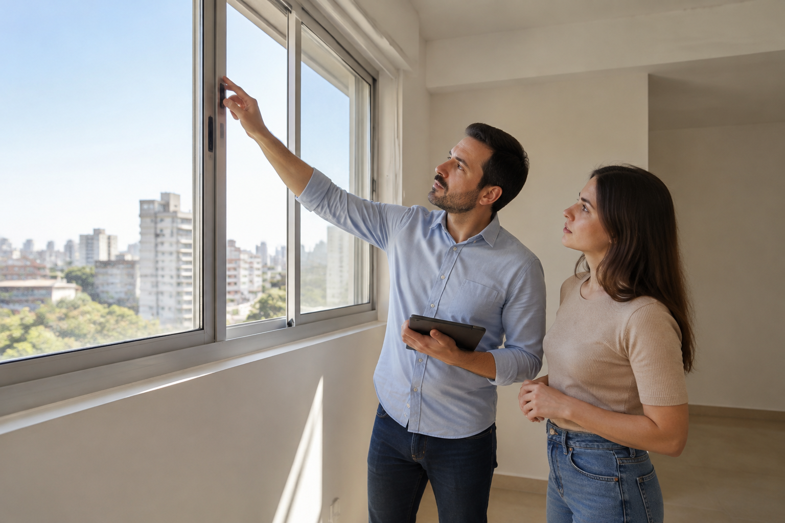 Fotografia editorial realista de visita técnica a apartamento usado desocupado, profissional e comprador examinando caixilho e estado de con