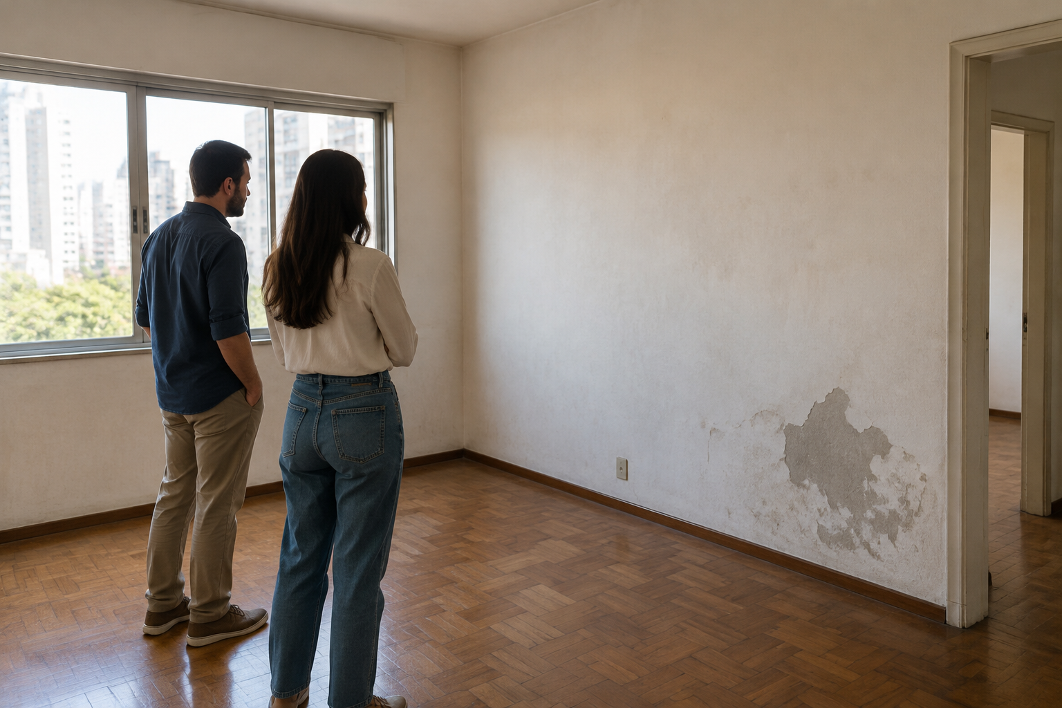 Duas pessoas avaliam um apartamento vazio que precisa de reparos antes do uso.