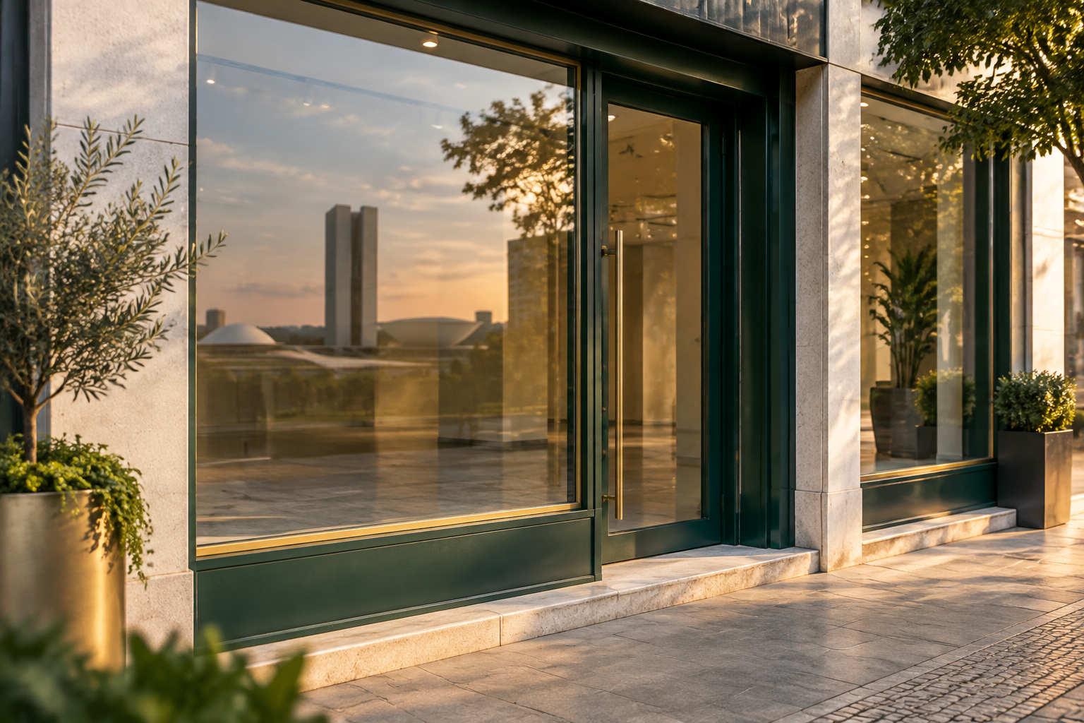 Vitrine de pequena loja vazia com reflexo discreto das cúpulas do Congresso Nacional.