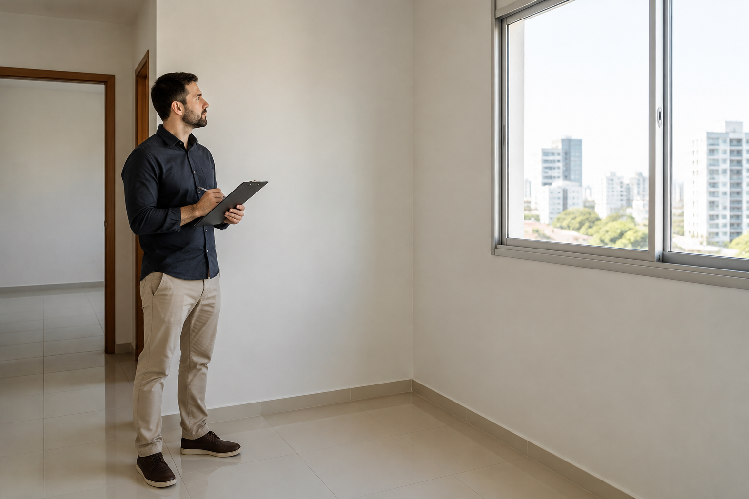 Fotografia editorial realista de profissional de administração imobiliária realizando vistoria em apartamento brasileiro desocupado, observa