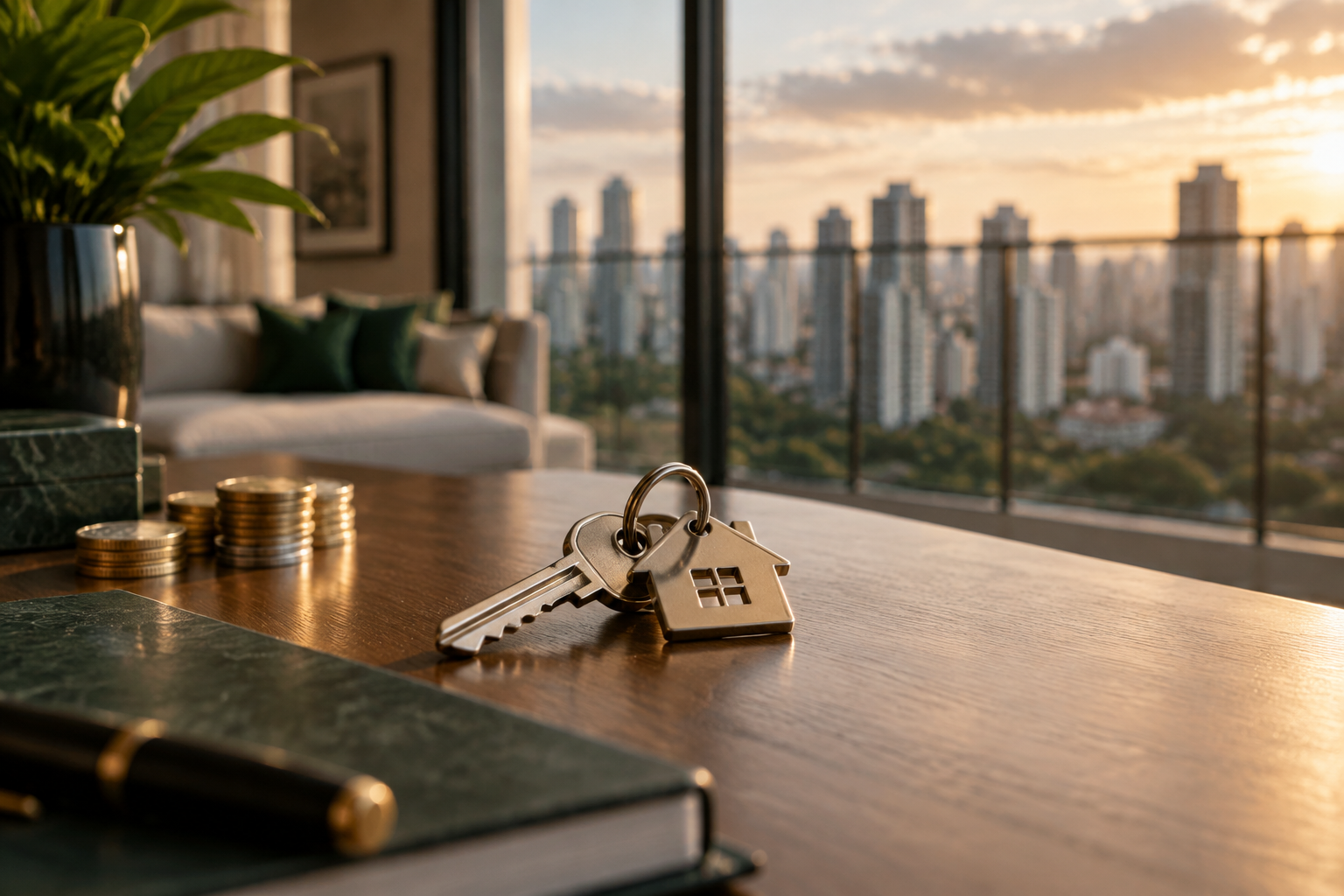 Chave de apartamento e moedas sobre mesa de madeira, com edifícios ao fundo.