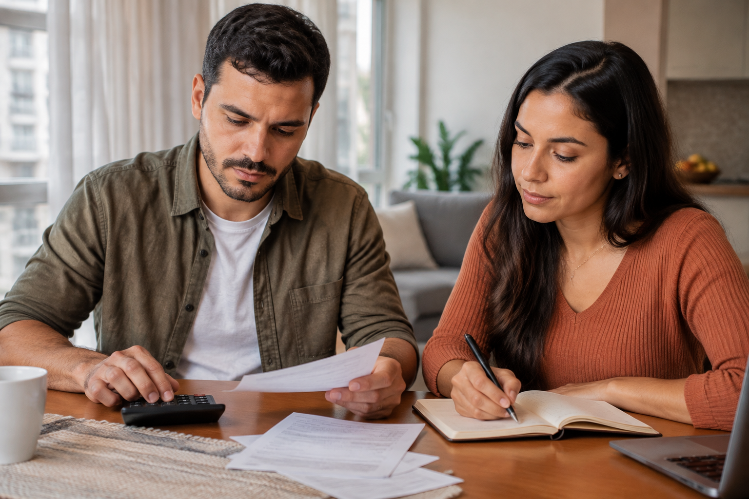 Casal revisa as despesas domésticas com caderno e calculadora à mesa.