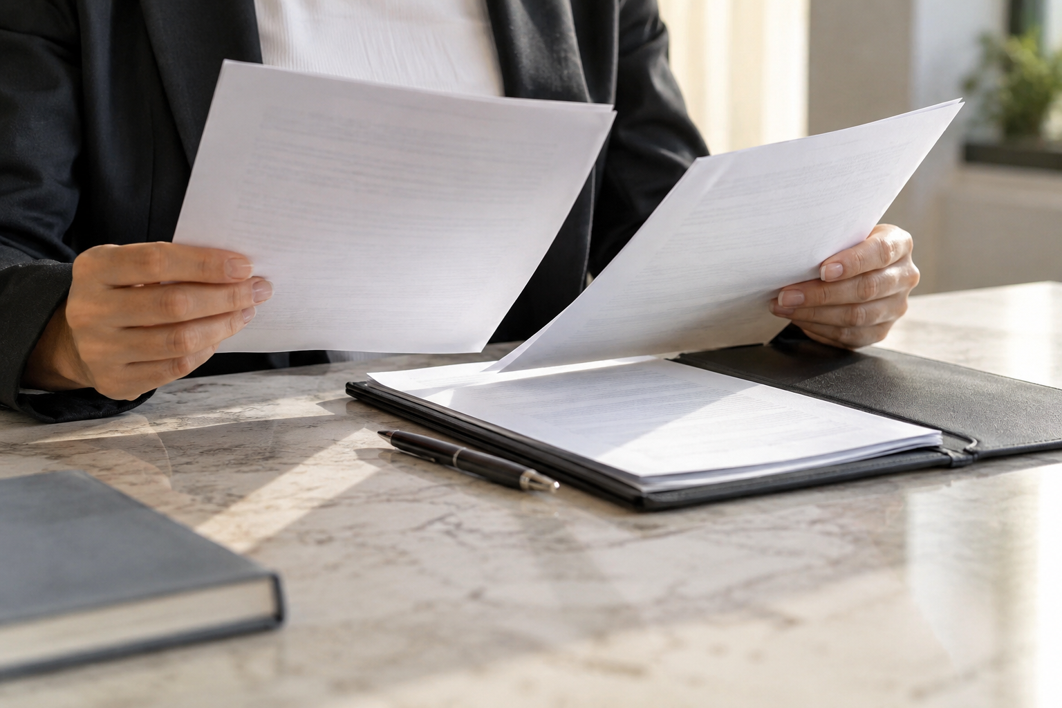 Mãos conferindo documentos bancários e versões de uma proposta sobre a mesa.