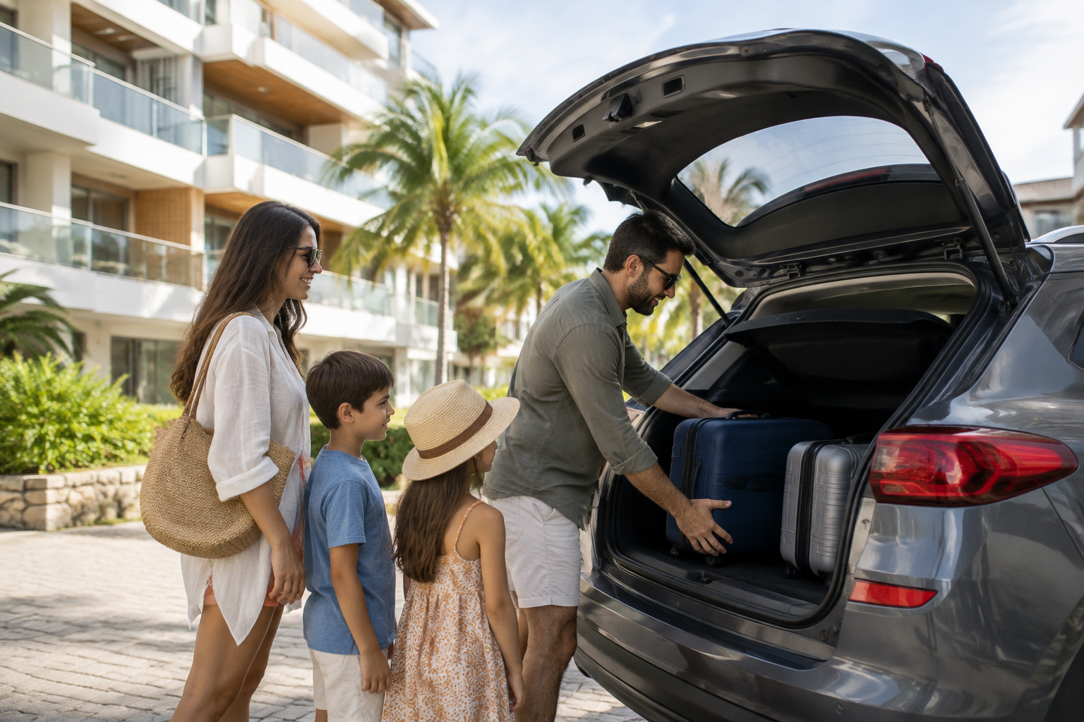 Família acomodando malas no carro diante de edifício residencial de temporada.