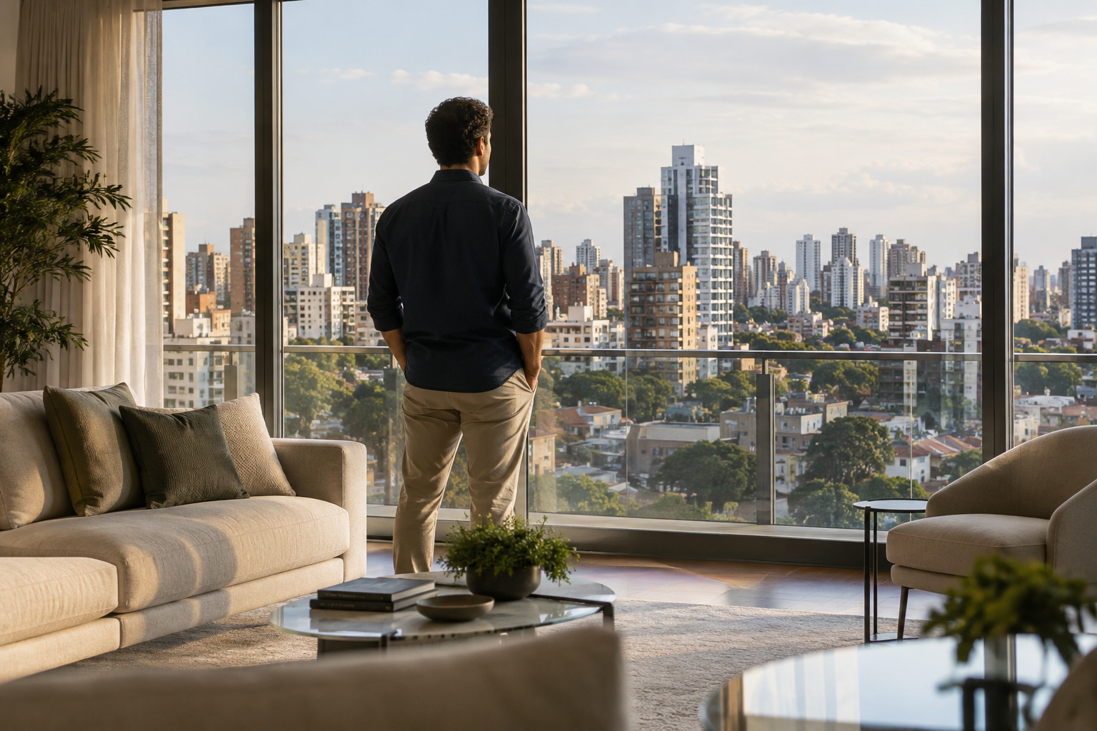 Pessoa observa edifícios de Curitiba pela janela de um apartamento de alto padrão.