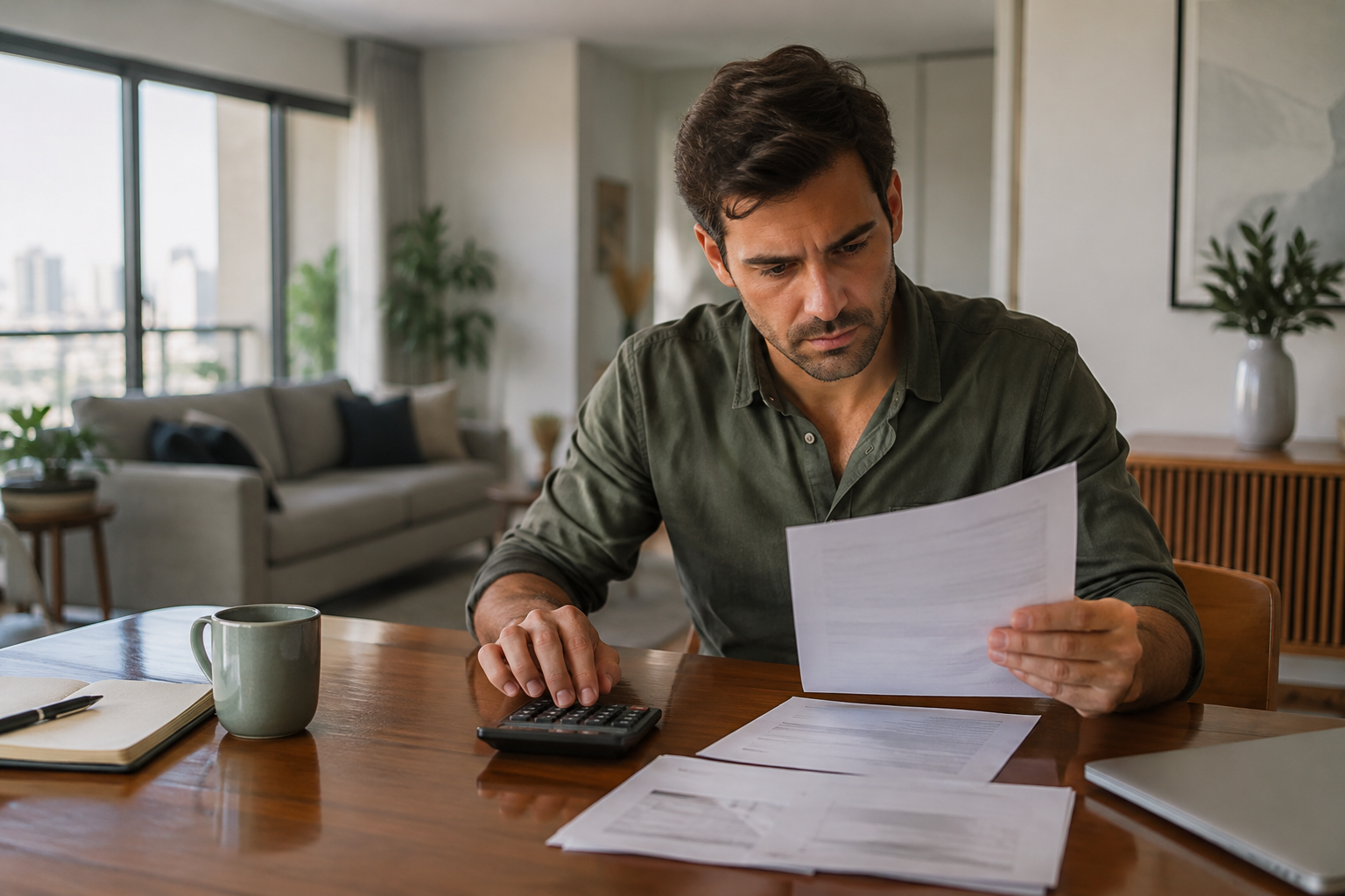 Proprietário analisa documentos e despesas do apartamento com uma calculadora.
